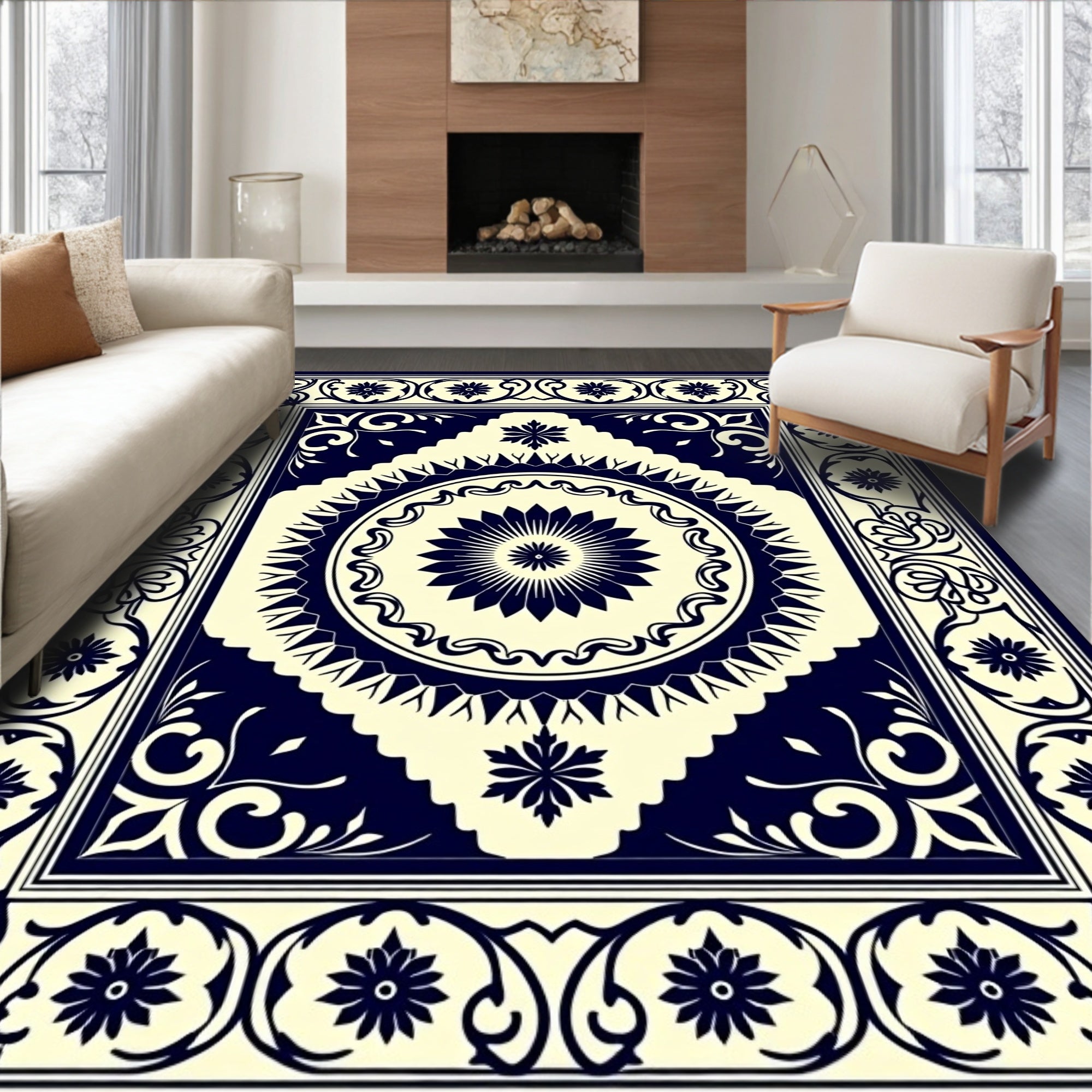 Classic Floral Medallion Ivory Navy Rug