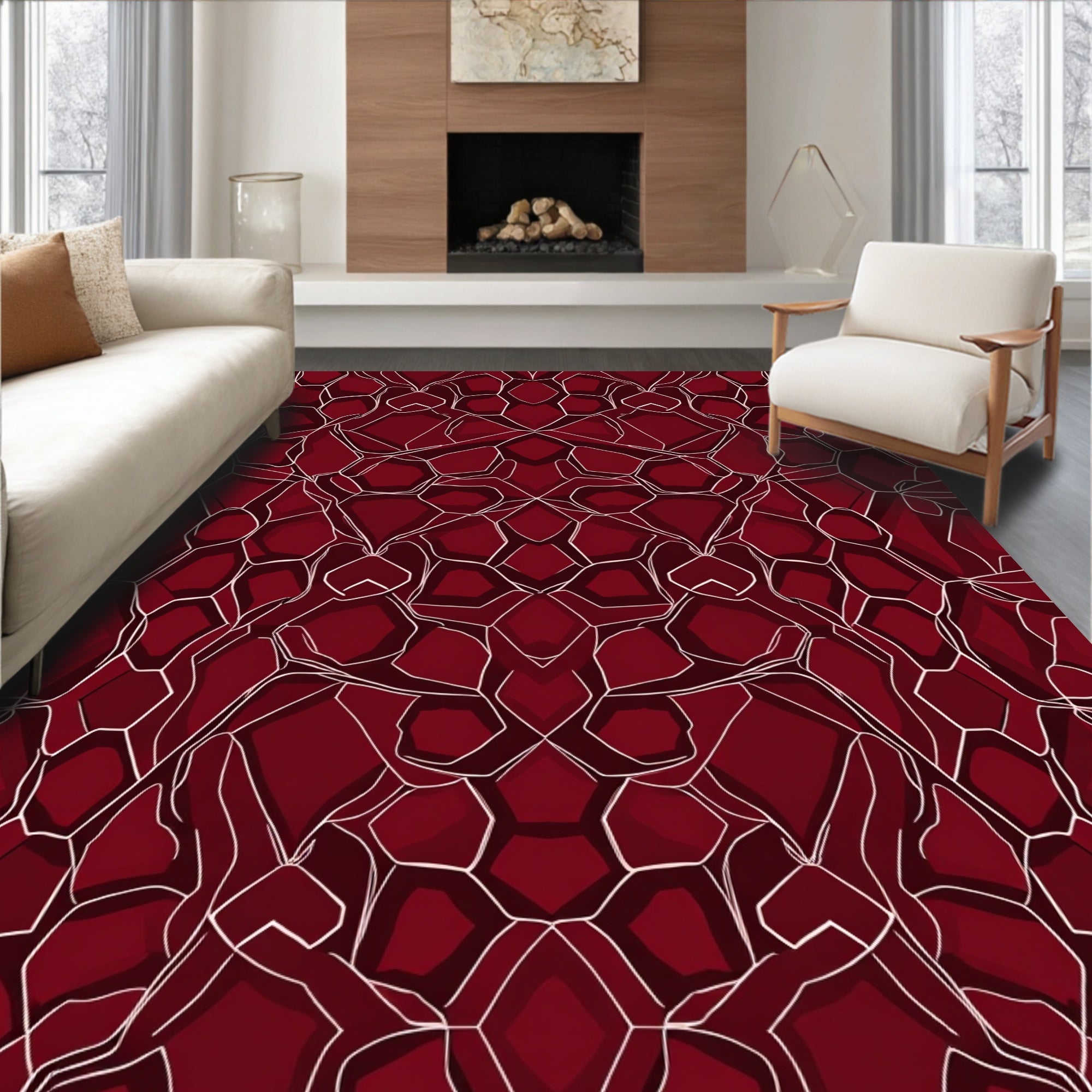 Deep Red Abstract Geometric Pattern Rug
