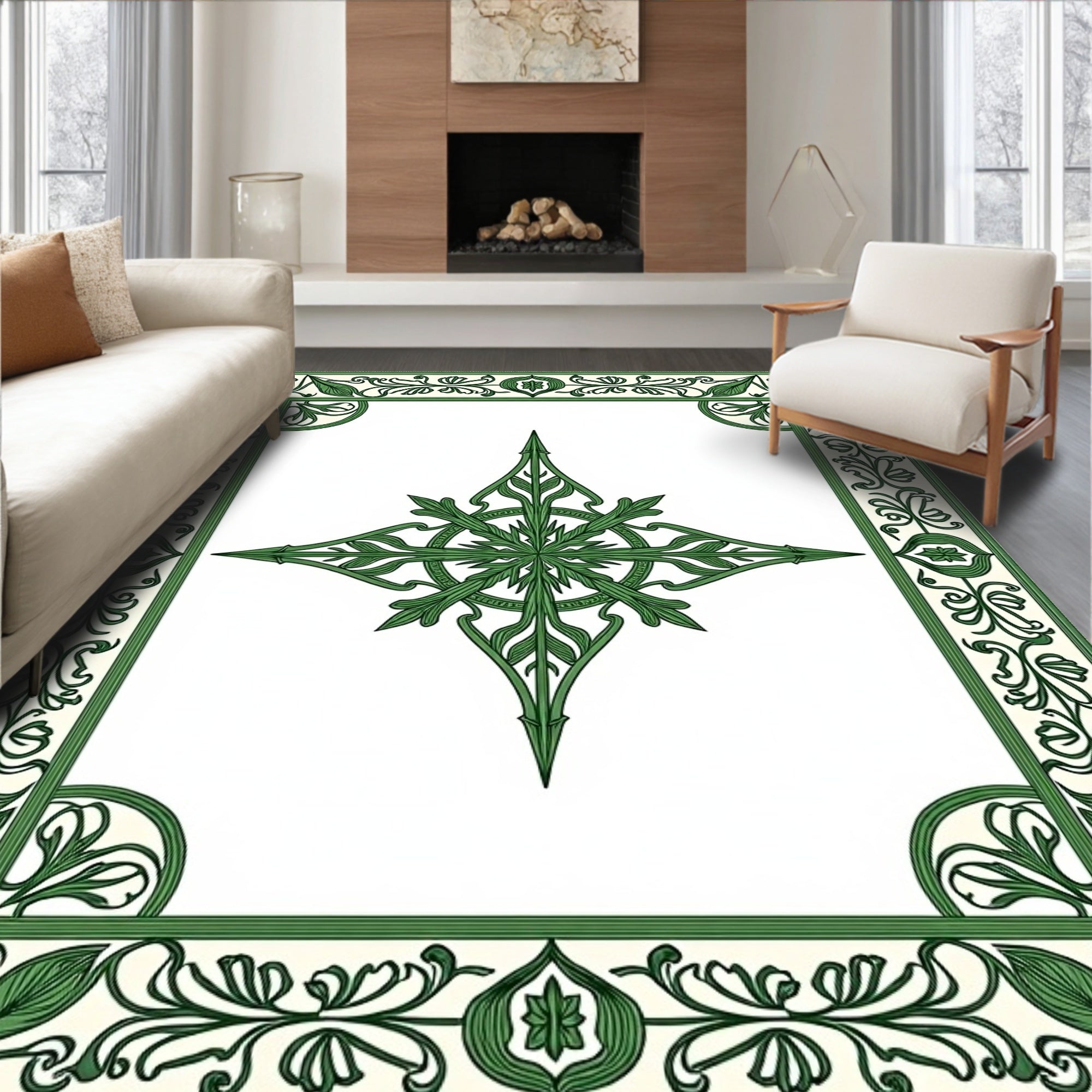 Art Nouveau Green Floral Star Frame Rug