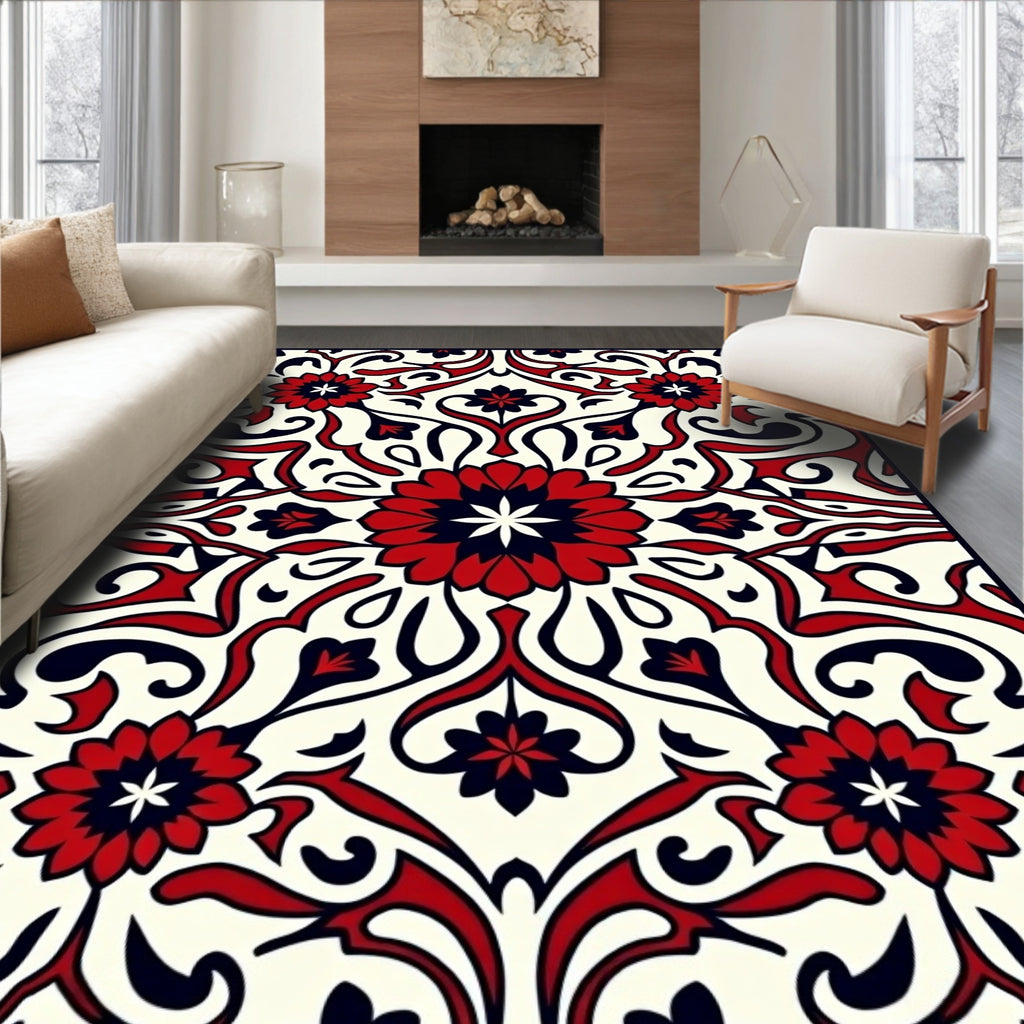 Rich Red Black Floral Medallion Pattern Rug
