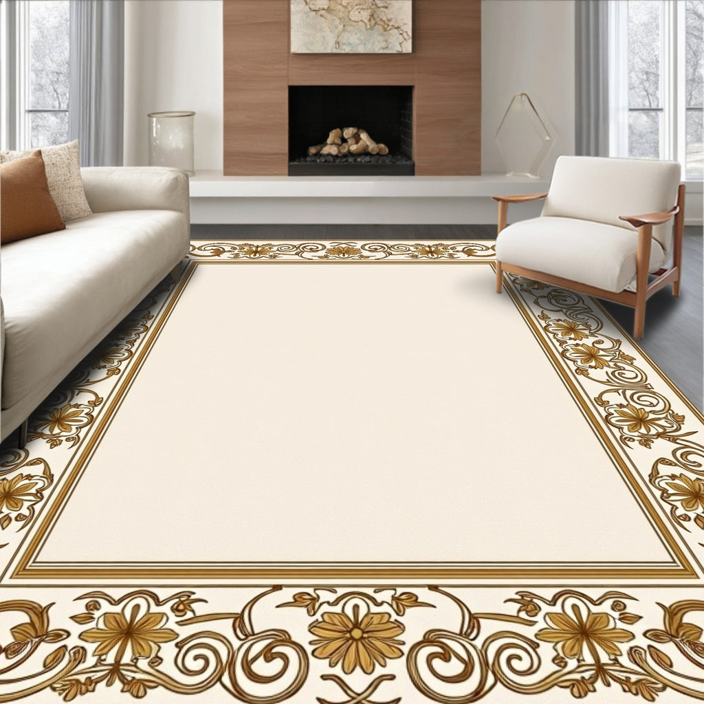 Gold Floral Swirl Border Design Rug