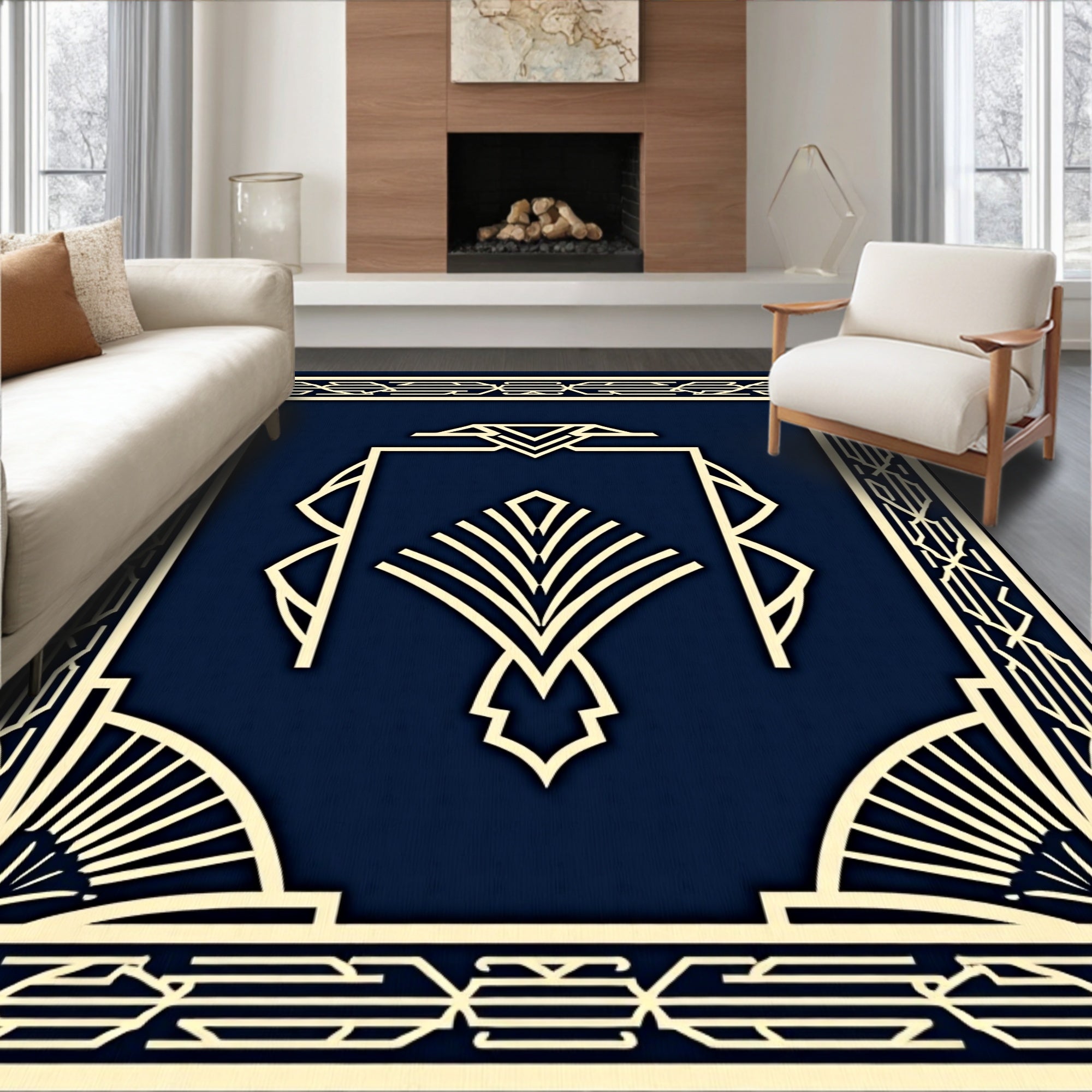 Elegant Geometric Fan Pattern Art Deco Rug