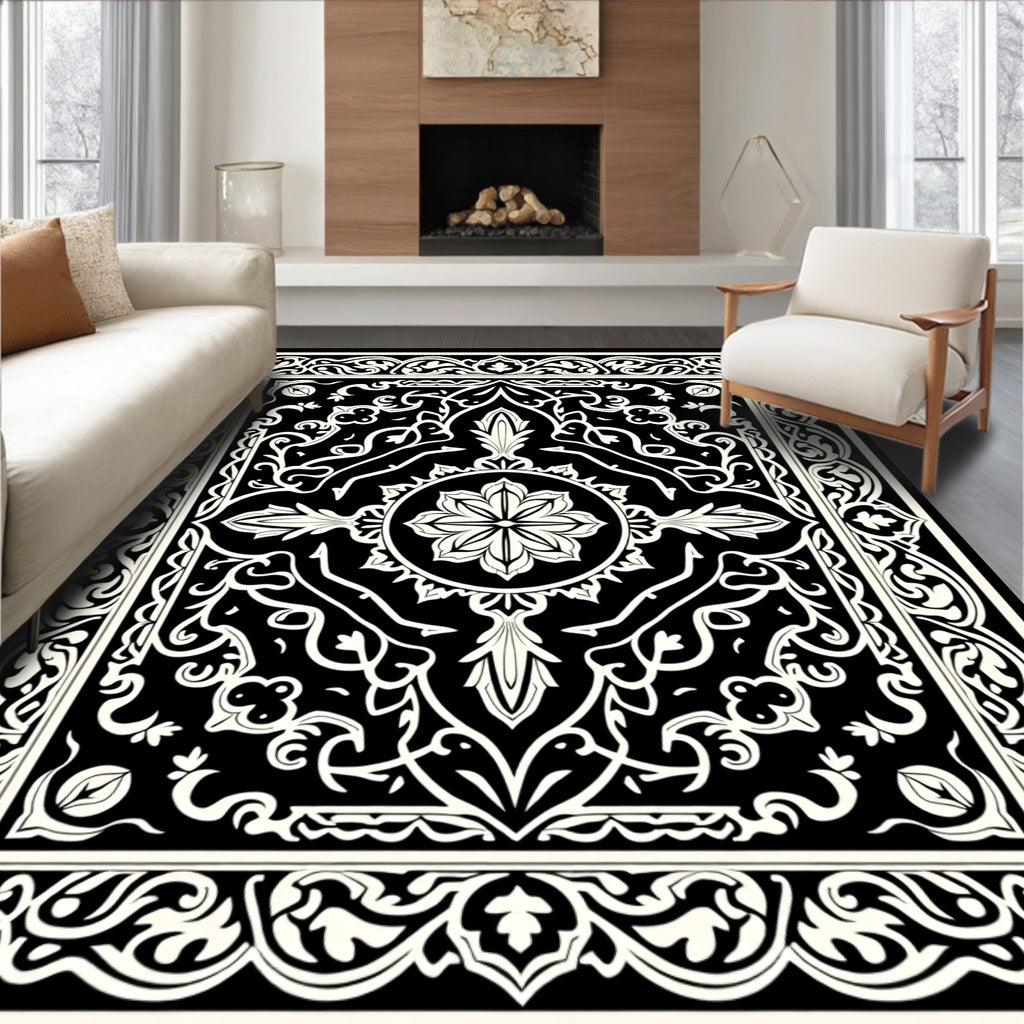 Classic Floral Motif Black White Rug