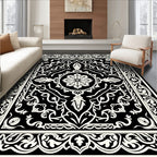 Classic Floral Motif Black White Rug