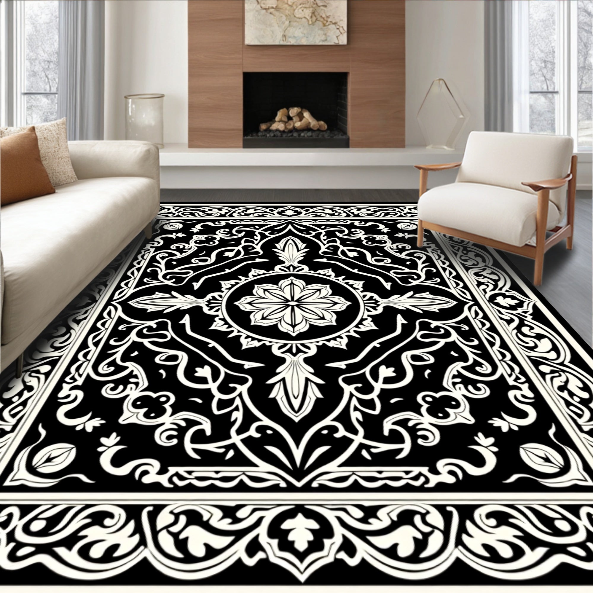 Classic Floral Motif Black White Rug