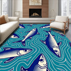 Blue Fish In Wavy Teal Water Pattern Rug