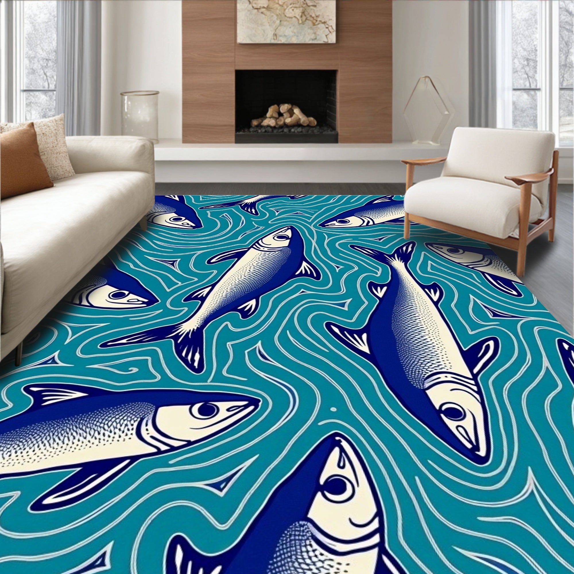 Blue Fish In Wavy Teal Water Pattern Rug