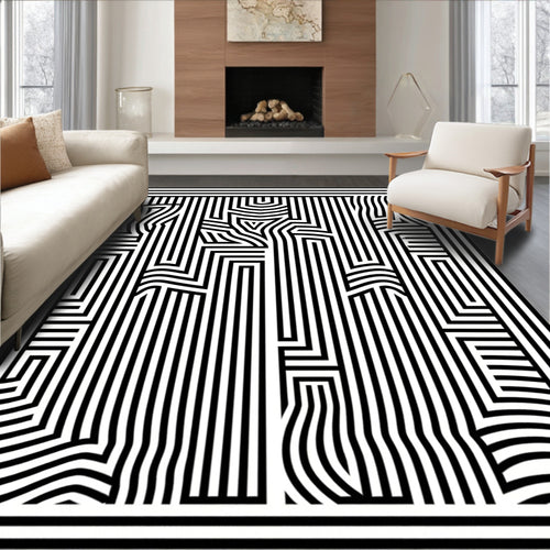 Abstract Black White Striped Maze Rug