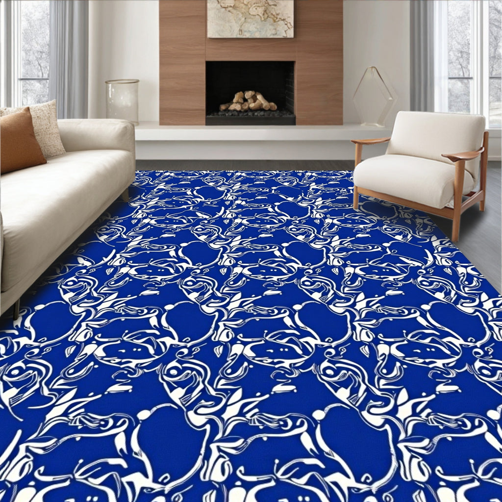Vibrant Blue White Abstract Swirl Rug