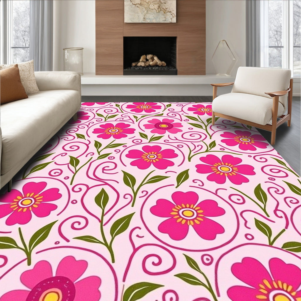 Pink Floral Swirl Pattern Design Rug