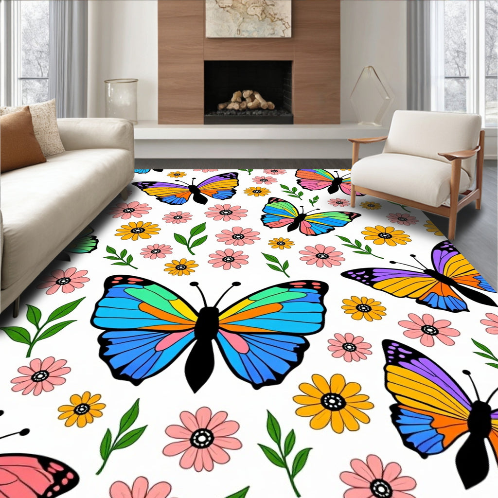 Whimsical Butterflies And Flowers Pattern Rug