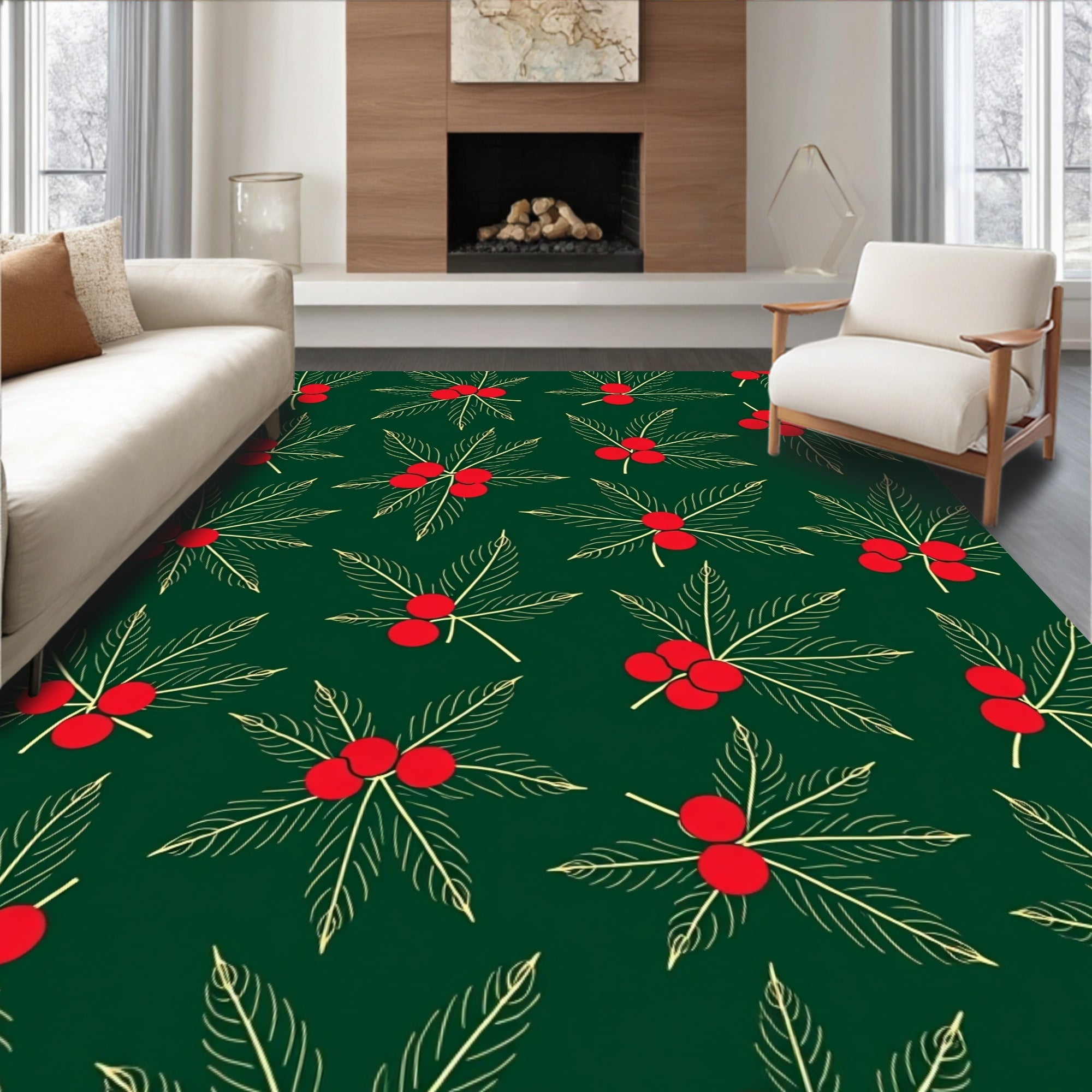 Red Berry Green Leaf Pattern Rug