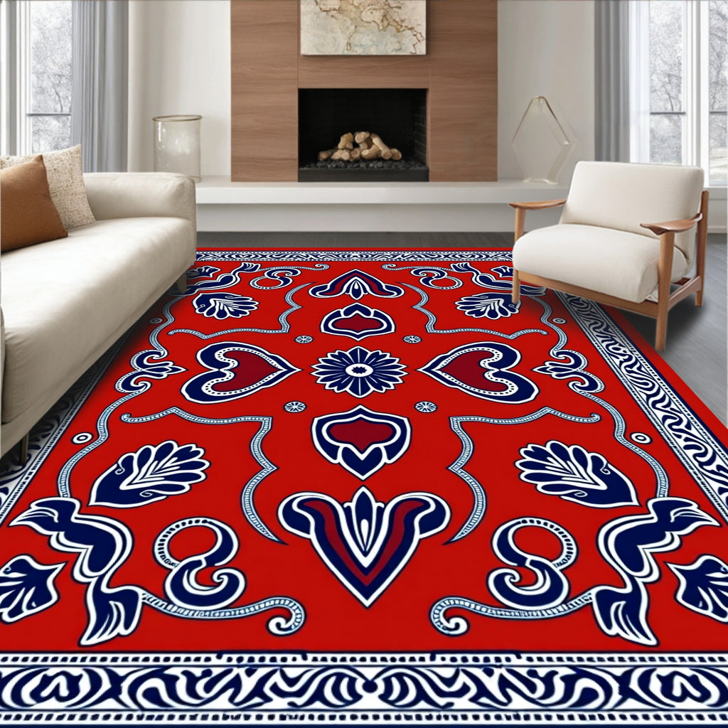 Classic Red Blue Floral medallion Pattern Rug