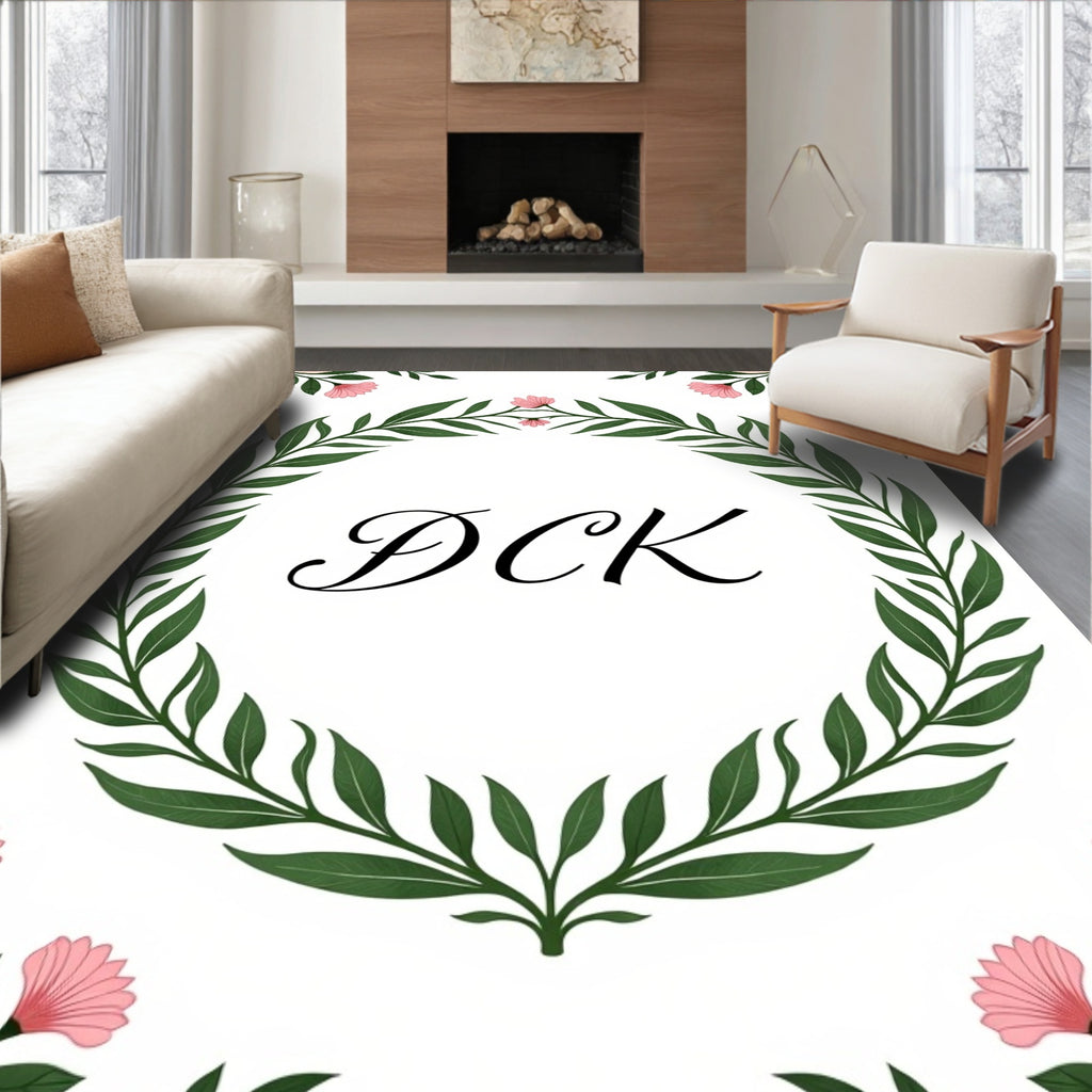 Elegant Pink Floral Greenery Wreath Rug