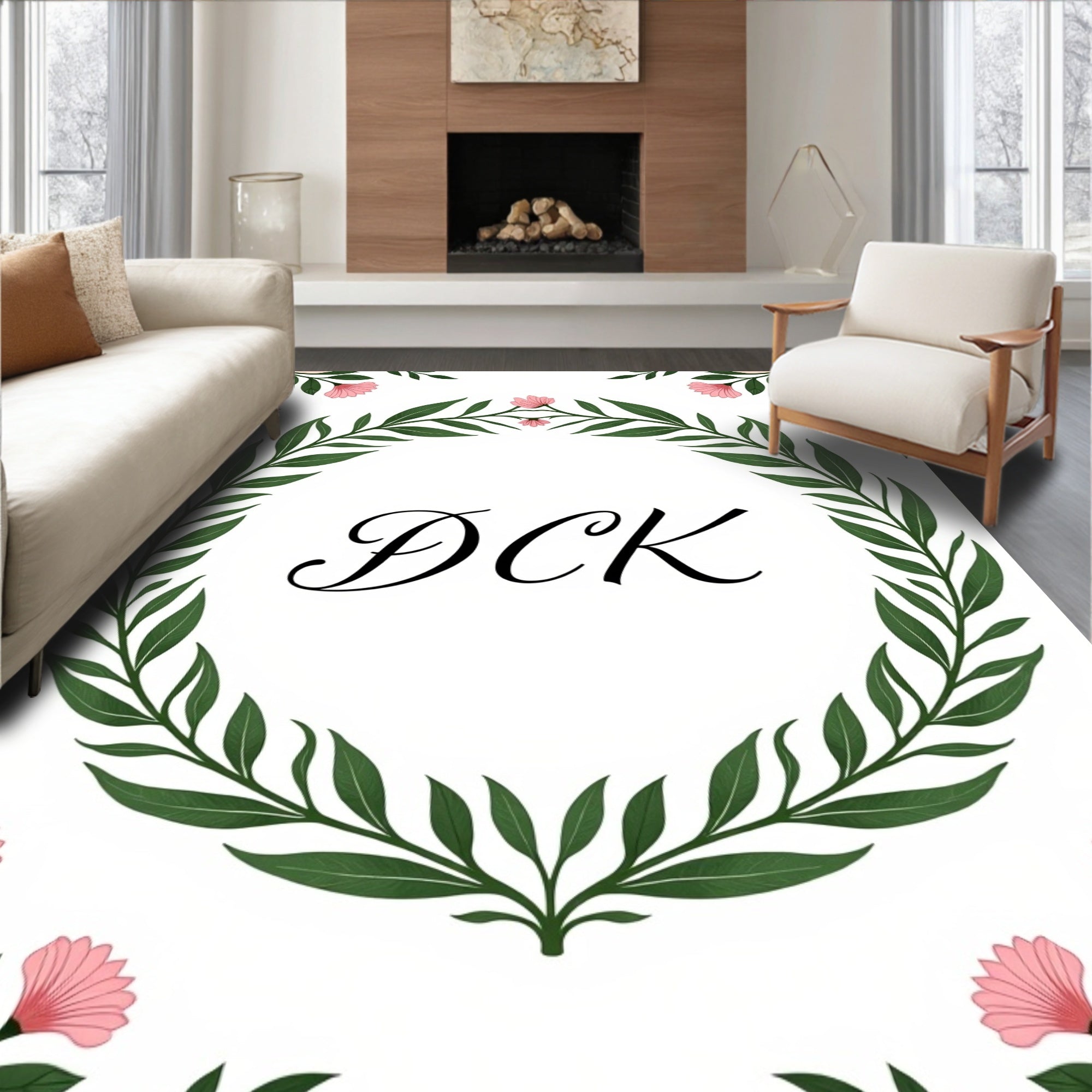 Elegant Pink Floral Greenery Wreath Rug