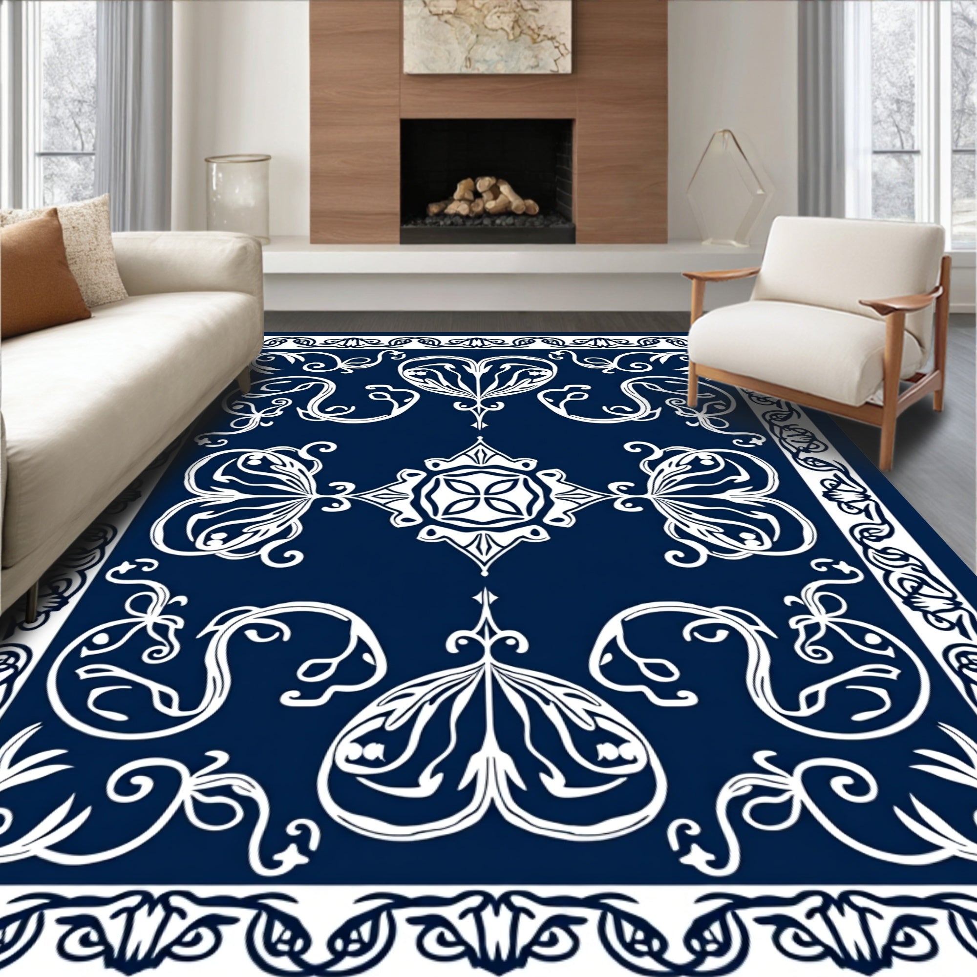 Elegant White Floral Scrollwork Design Rug