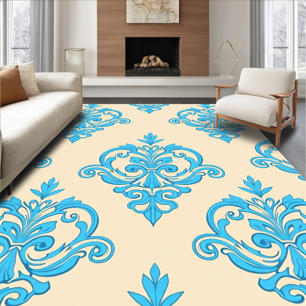Blue Baroque Floral Pattern Rug