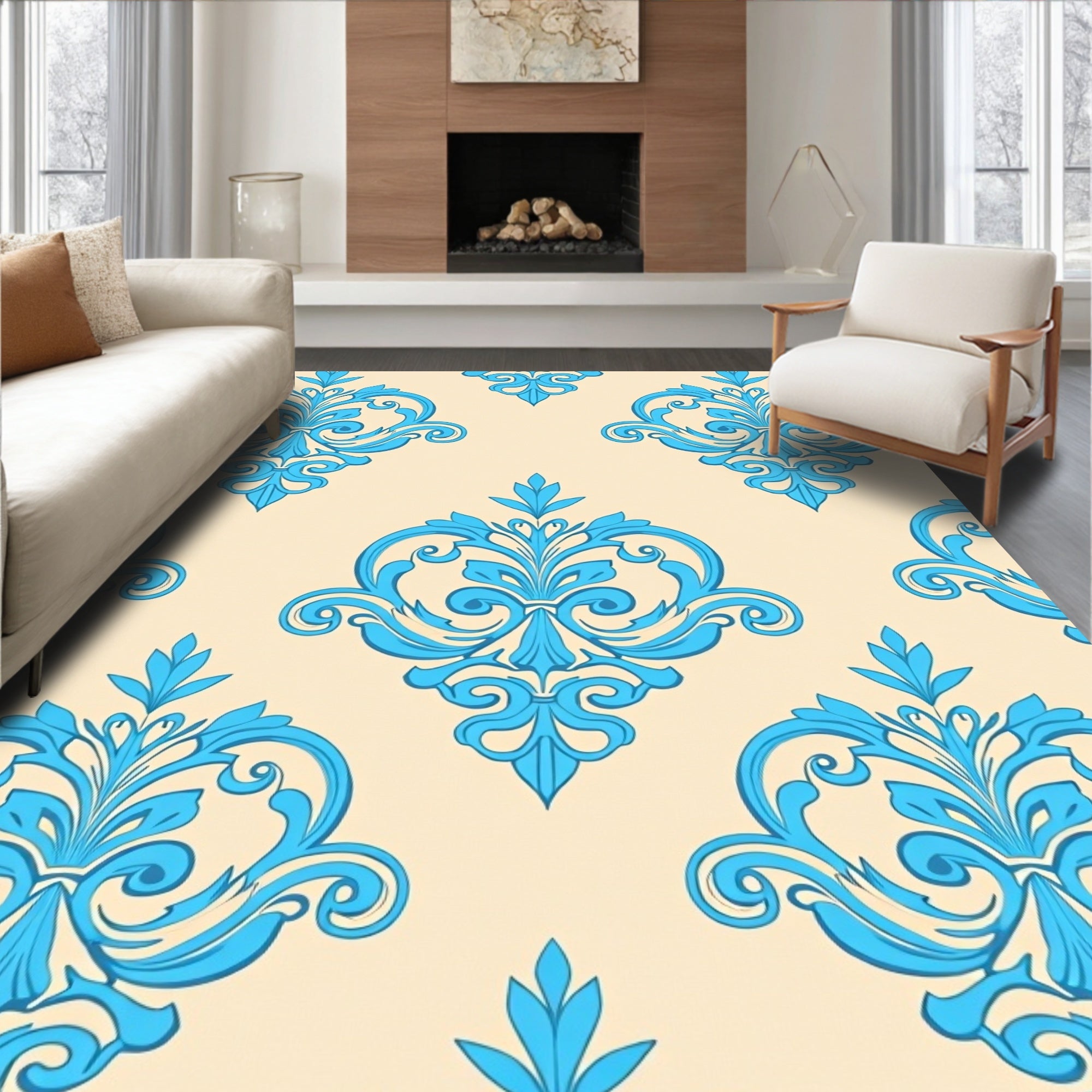 Blue Baroque Floral Pattern Rug