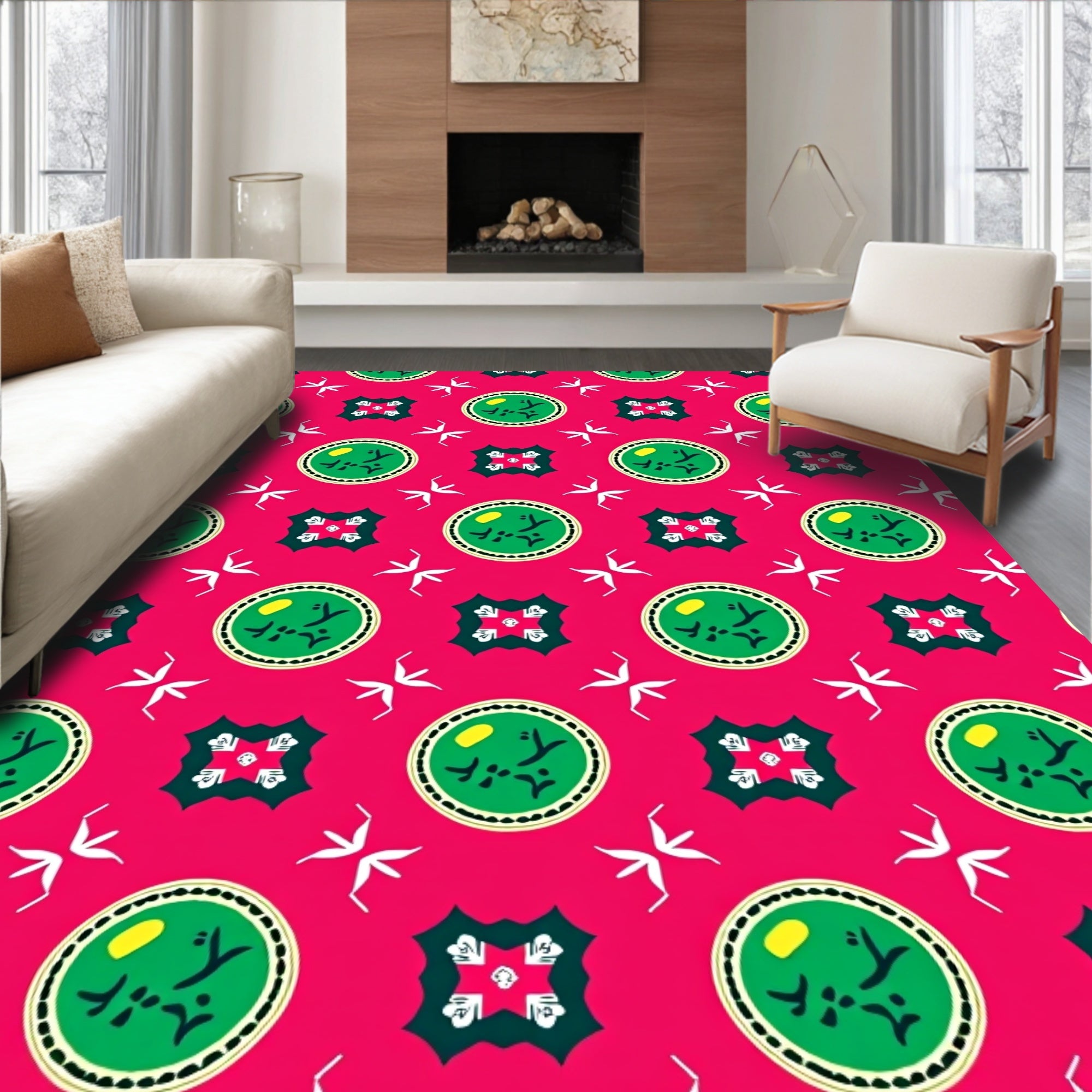 Vibrant Pink Green Graphic Medallion Rug