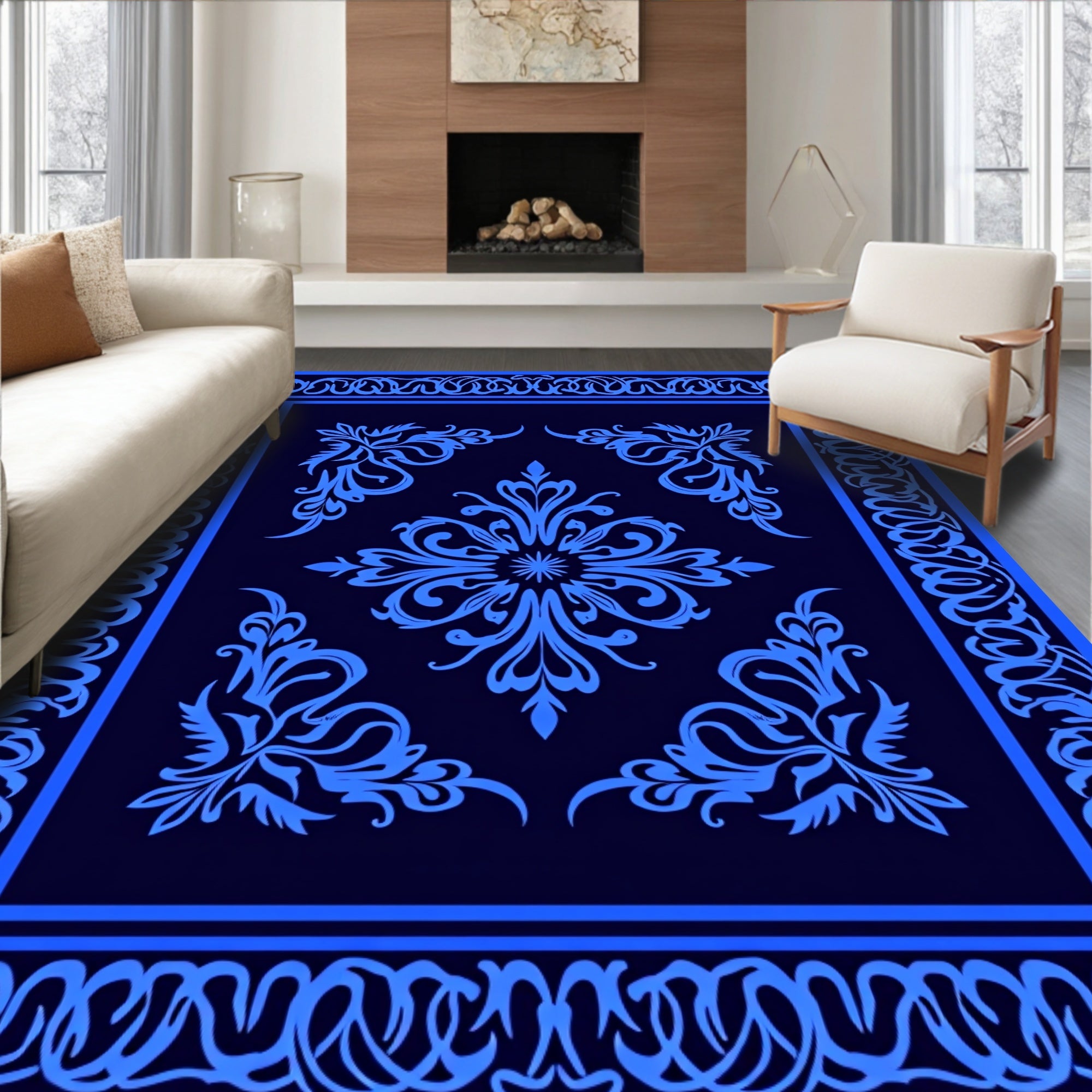 Deep Blue Abstract Floral Scroll Rug