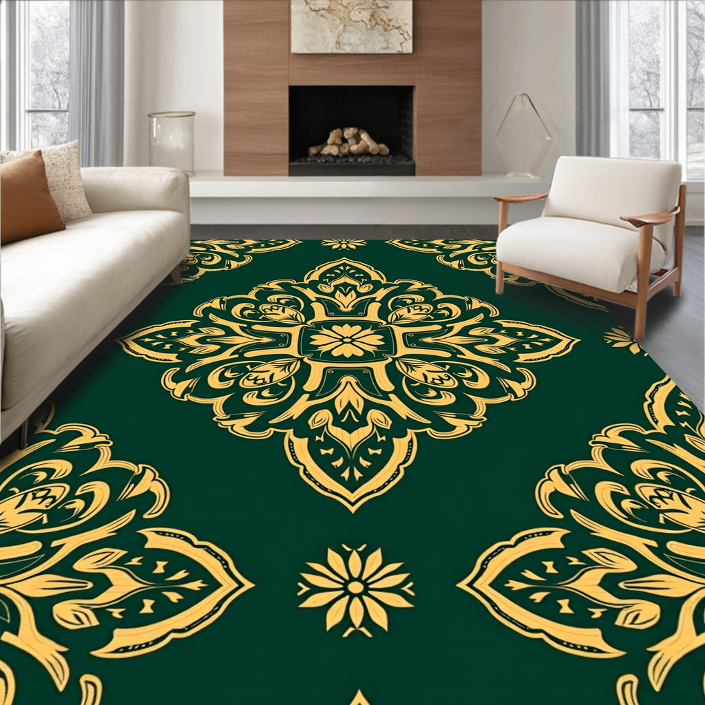 Emerald Gold Intricate Floral Medallion Rug