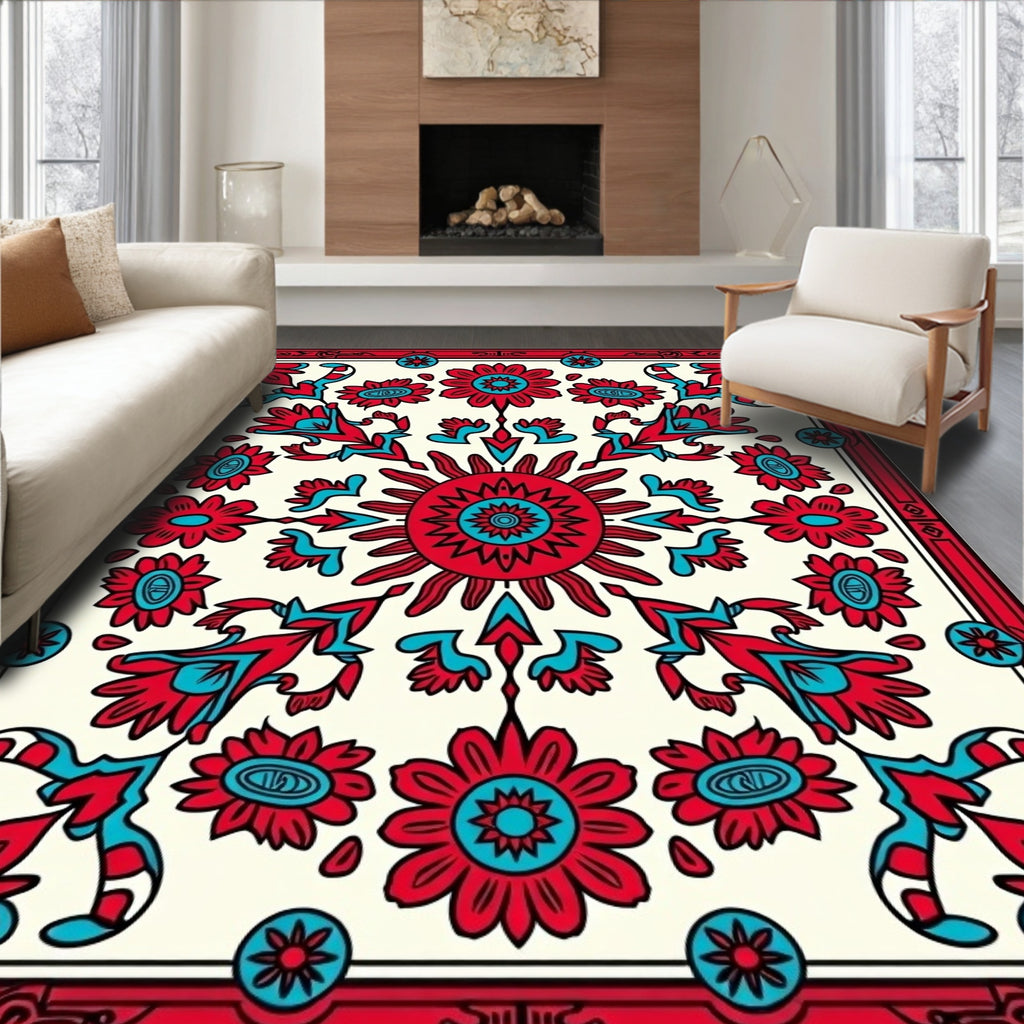 Red Turquoise Floral Sunburst Pattern Design Rug