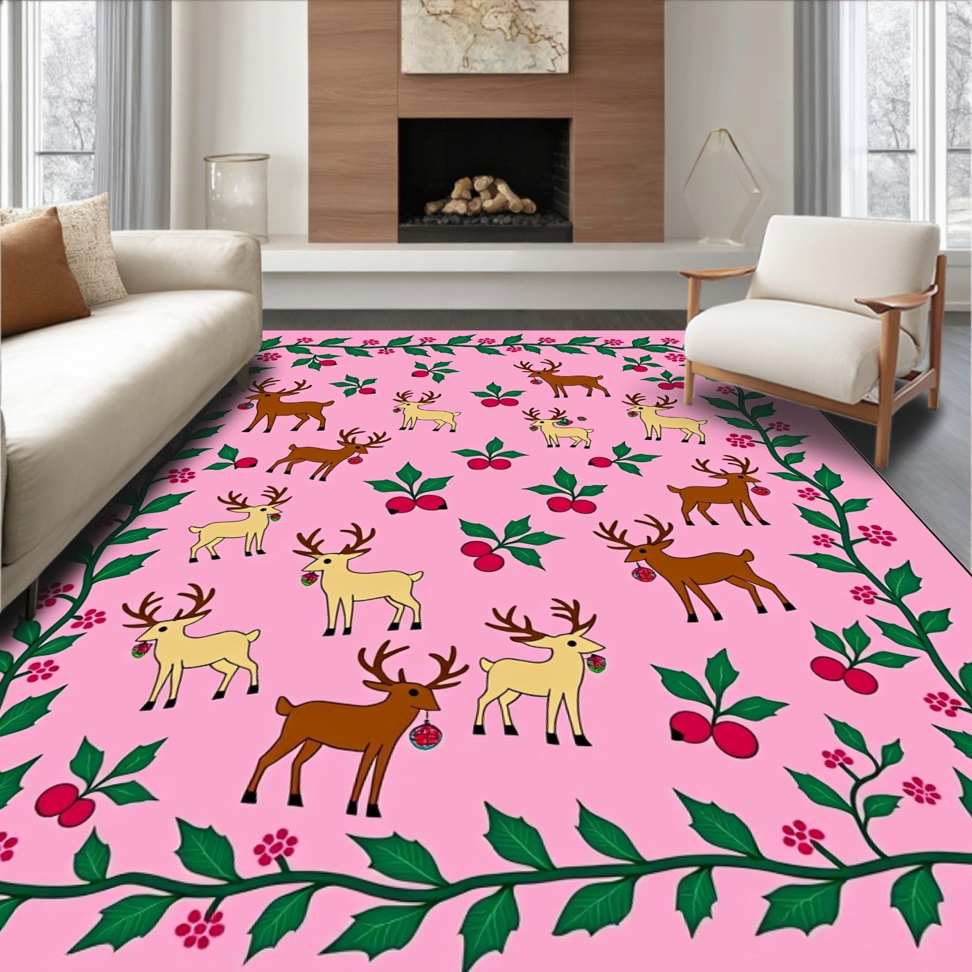 Pink Reindeer Holly Berry Garland Rug