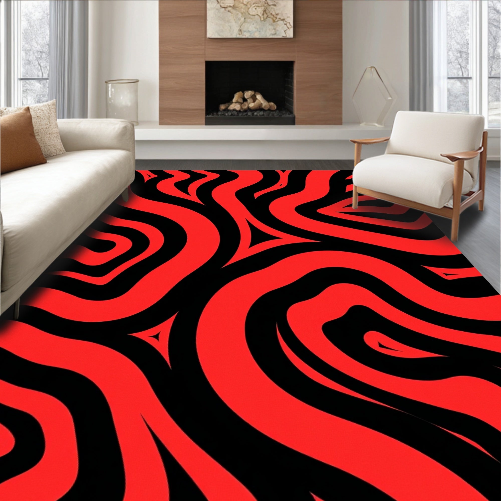 Bold Red and Black Wavy Lines Rug