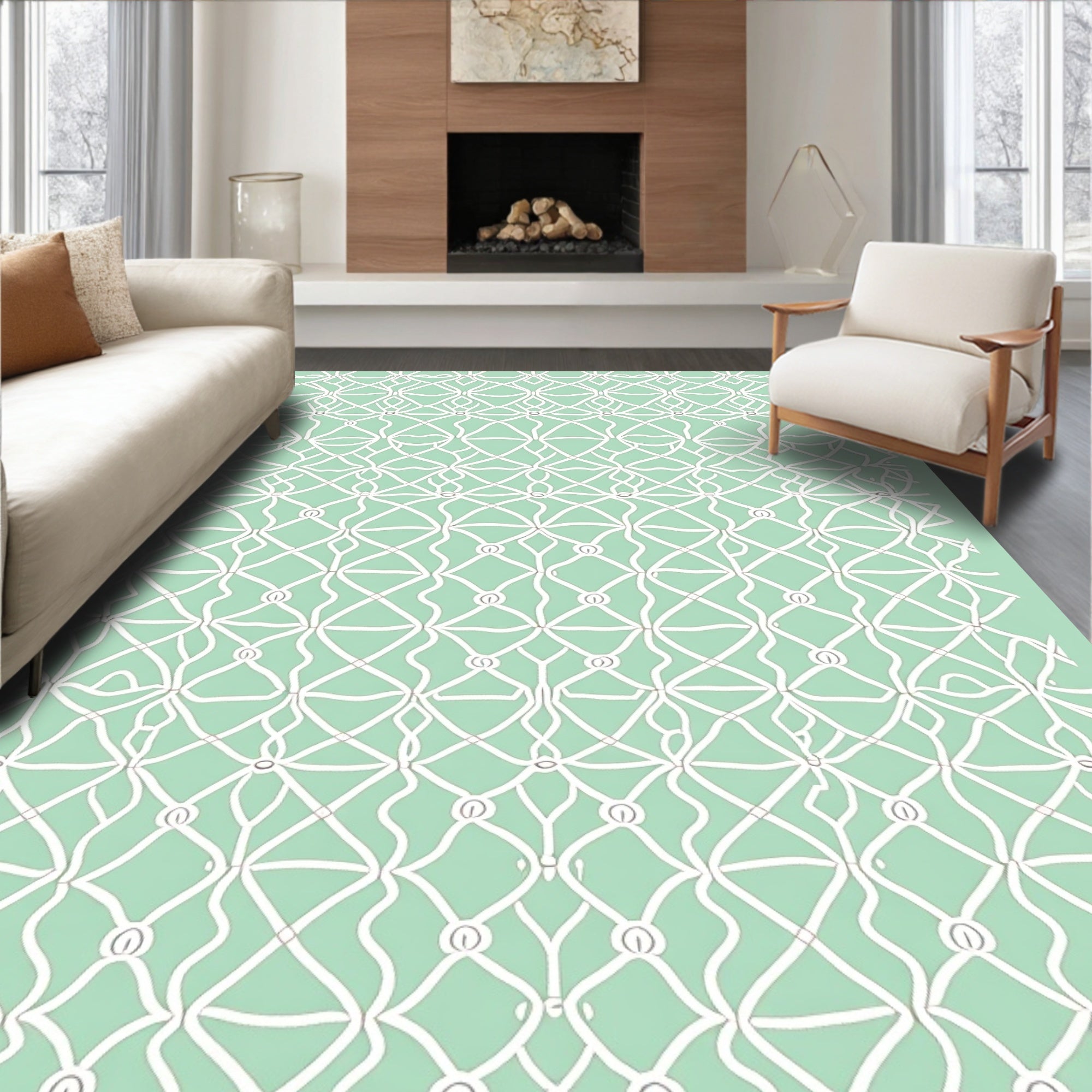 Mint Green Lattice Detailed Design Rug