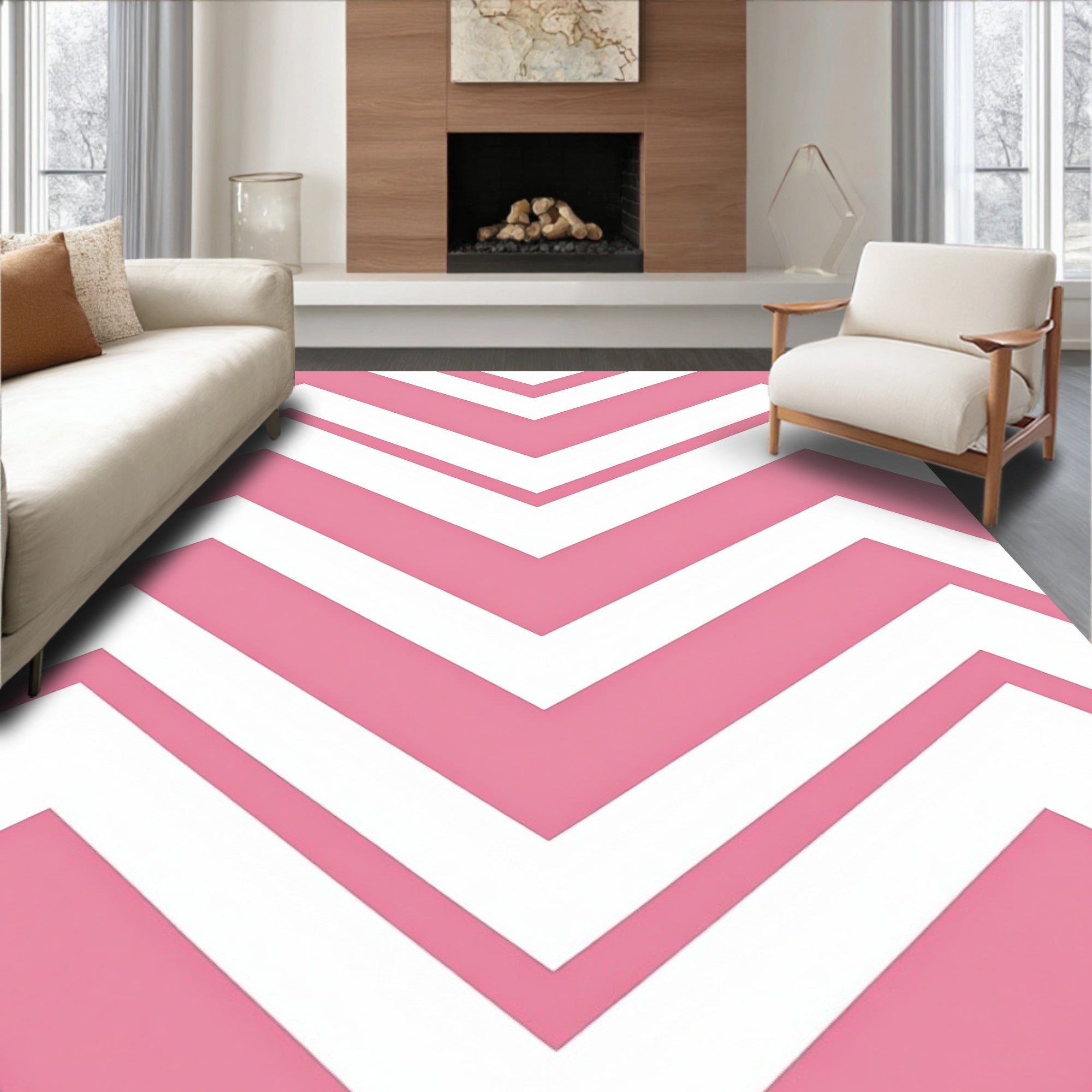 Pink and White Chevron Pattern Rug