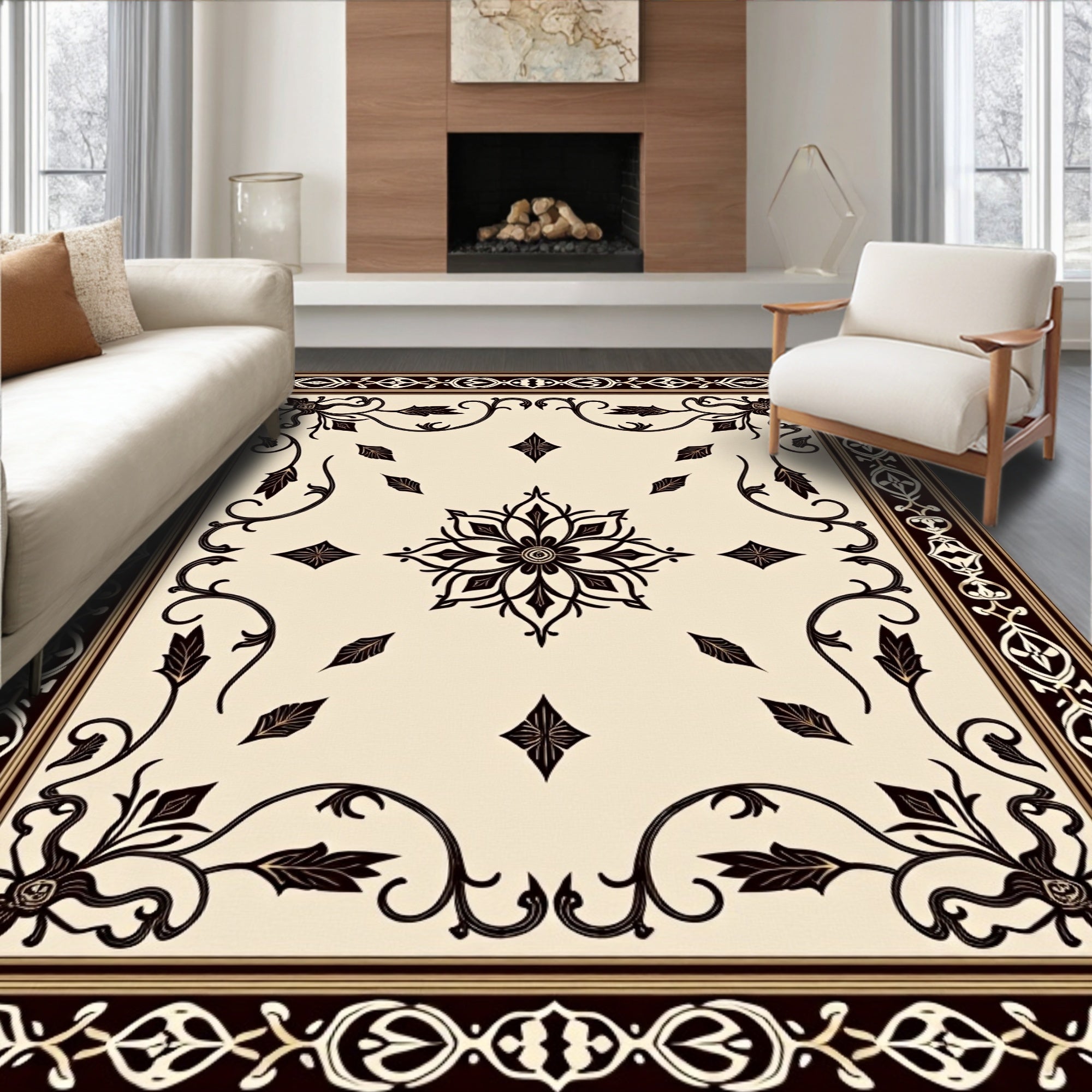 Elegant Black Floral Scrolls Medallion Rug