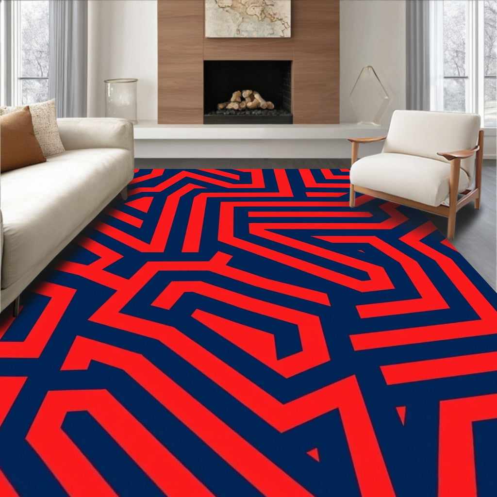 Red Blue Geometric Maze Pattern Rug