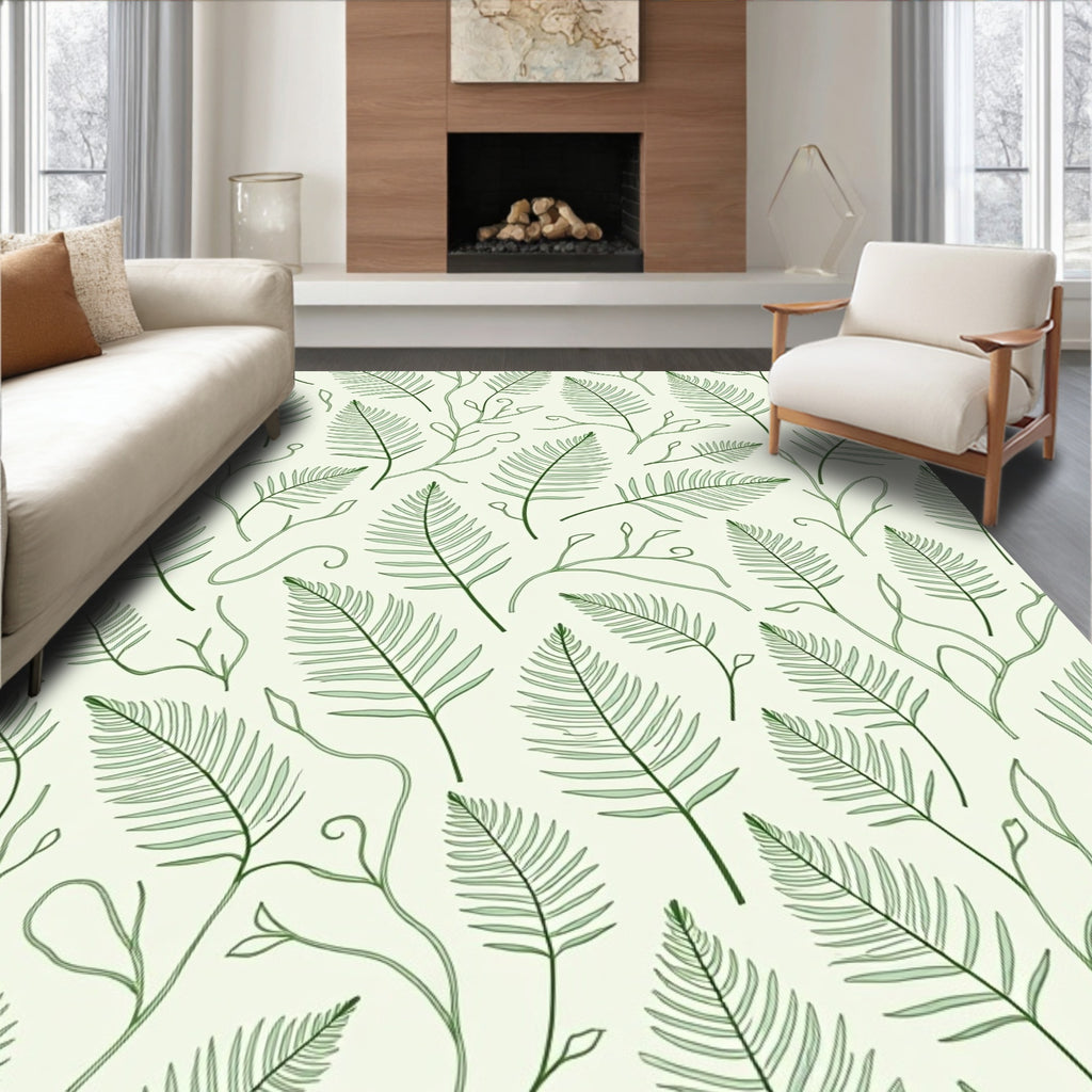 Delicate Green Fern Leaf Pattern Rug