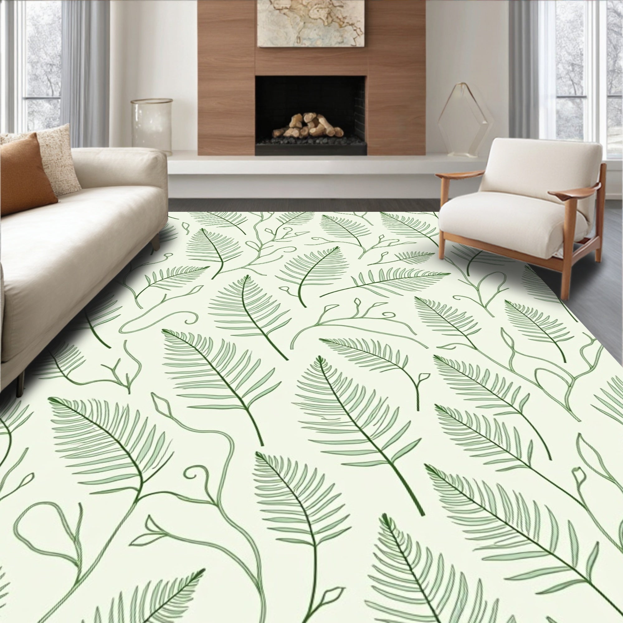 Delicate Green Fern Leaf Pattern Rug