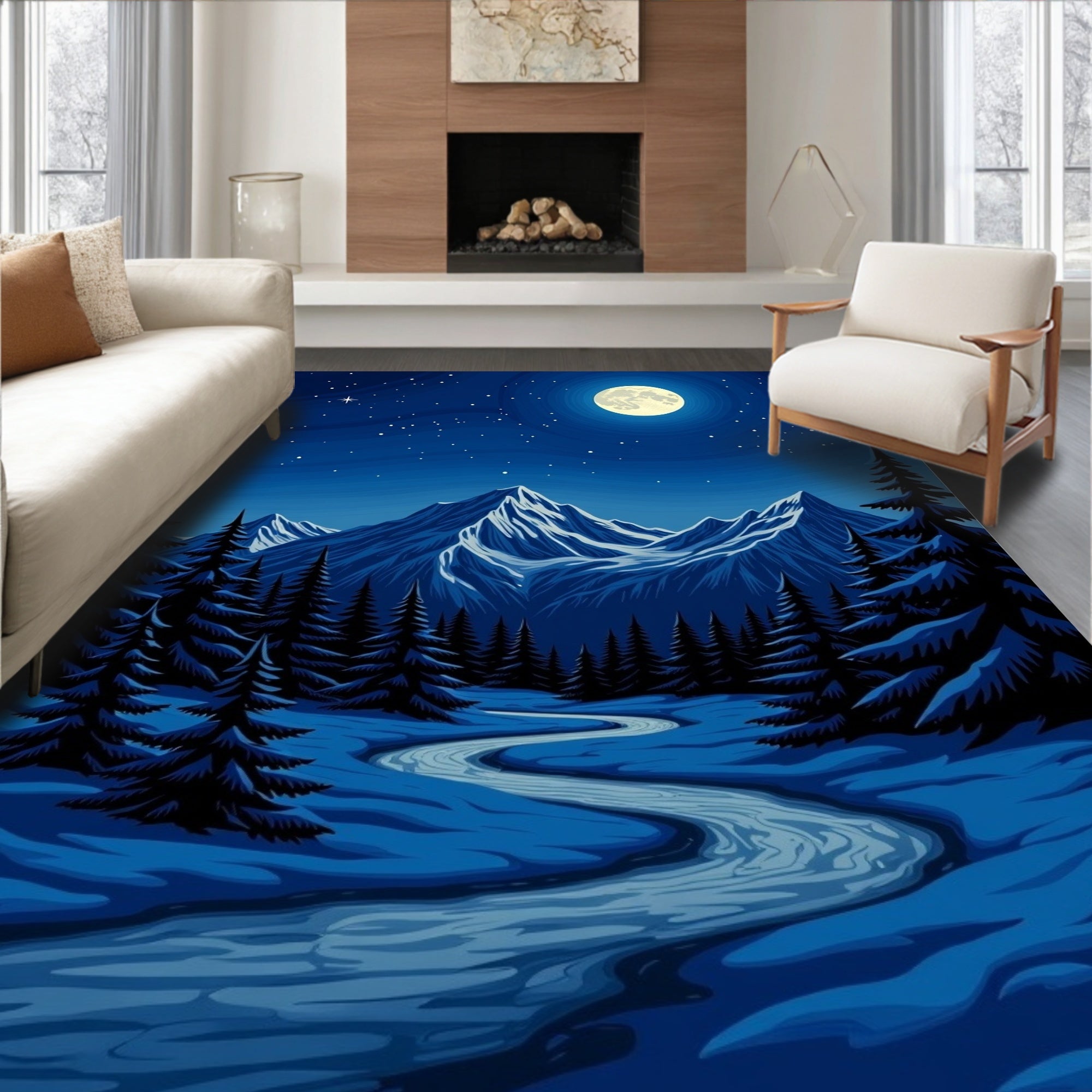 Midnight Mountain Scene With River Rug