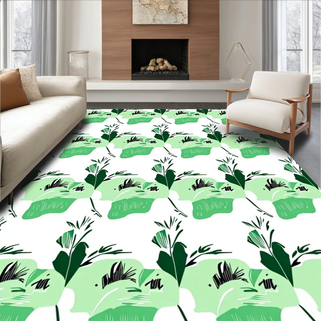 Green Abstract Floral Leaf Pattern Rug