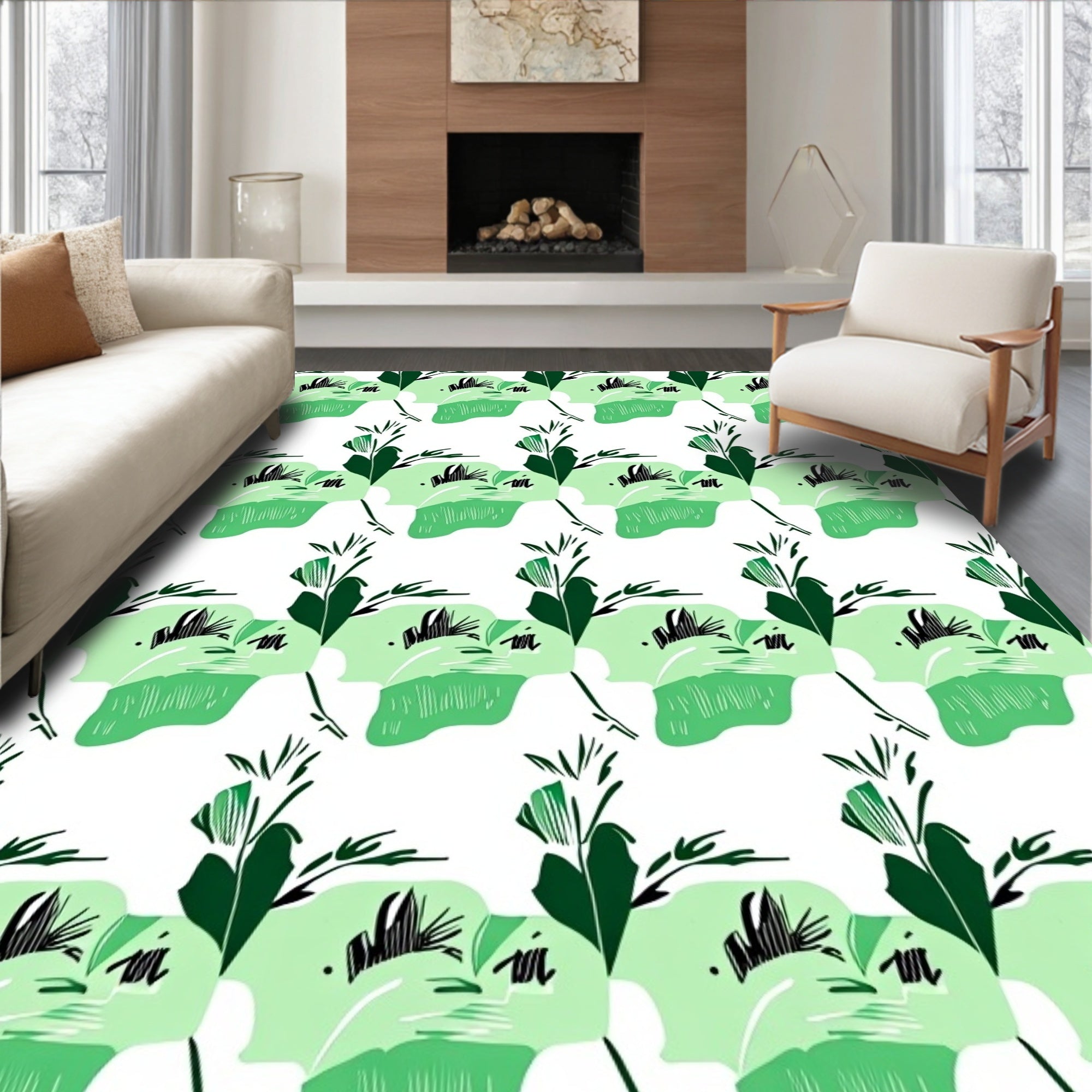 Green Abstract Floral Leaf Pattern Rug