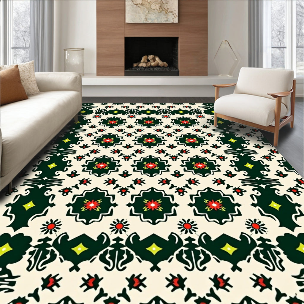 Intricate Black Green Floral Pattern Rug