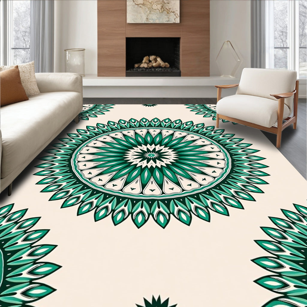 Emerald Green Starburst Mandala Pattern Rug