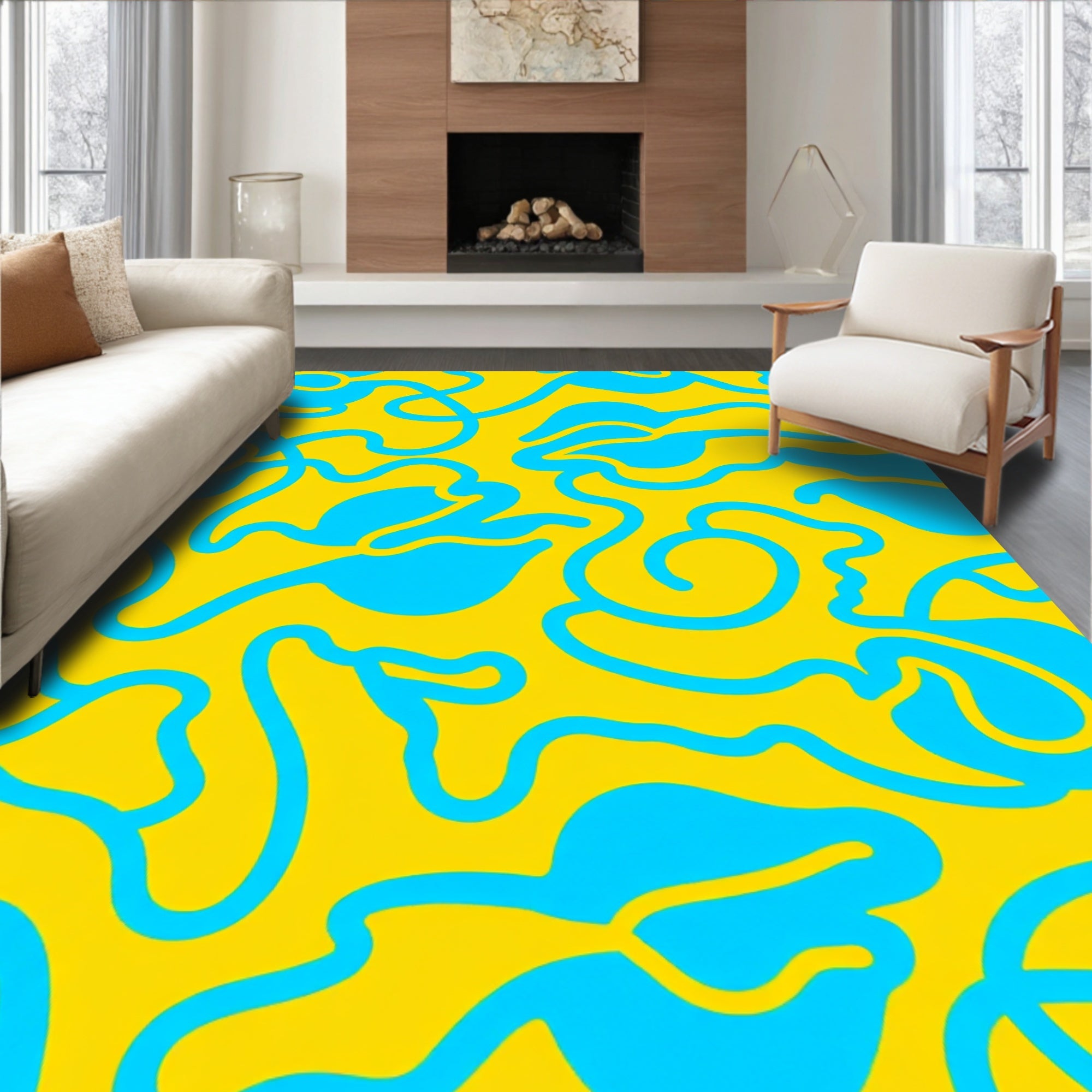 Abstract Wavy Blue Yellow Design Rug