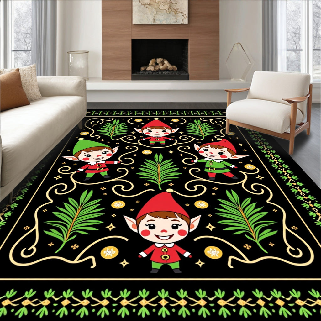Joyful Elves Black Holiday Border Rug