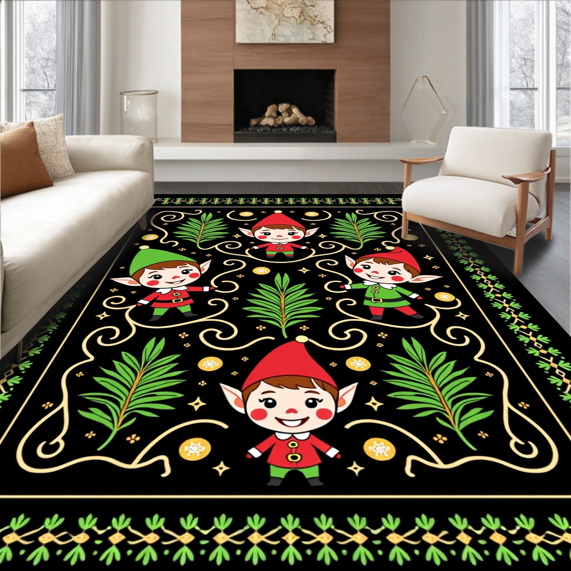 Joyful Elves Black Holiday Border Rug