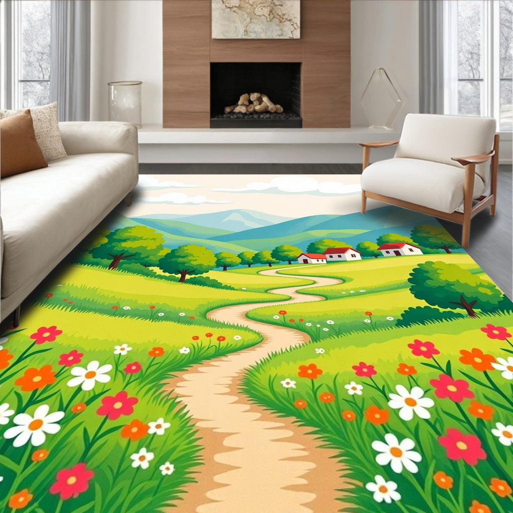Whimsical Country Lane Floral Garden Rug