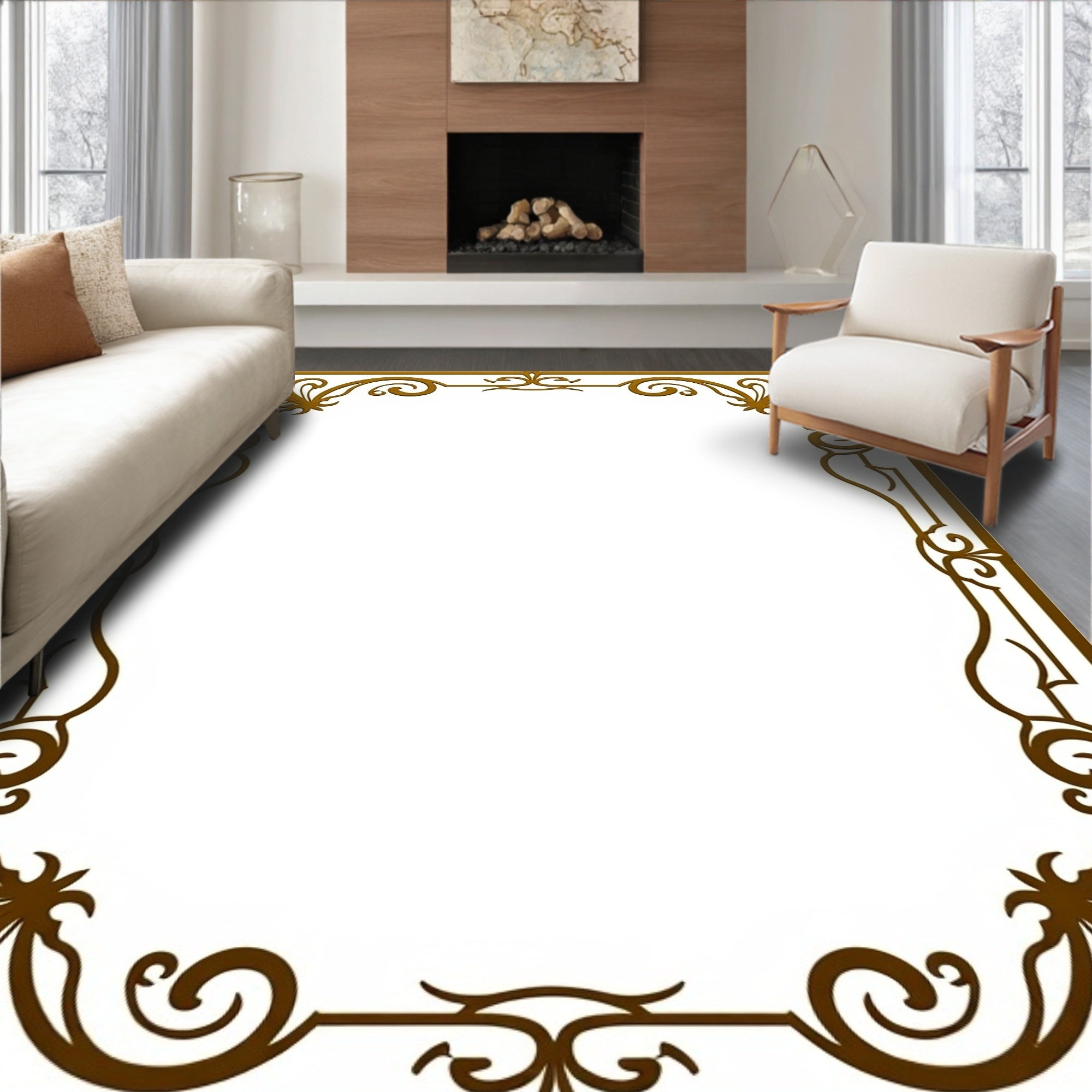 Ornate Swirl Leaf Patterned Frame Rug