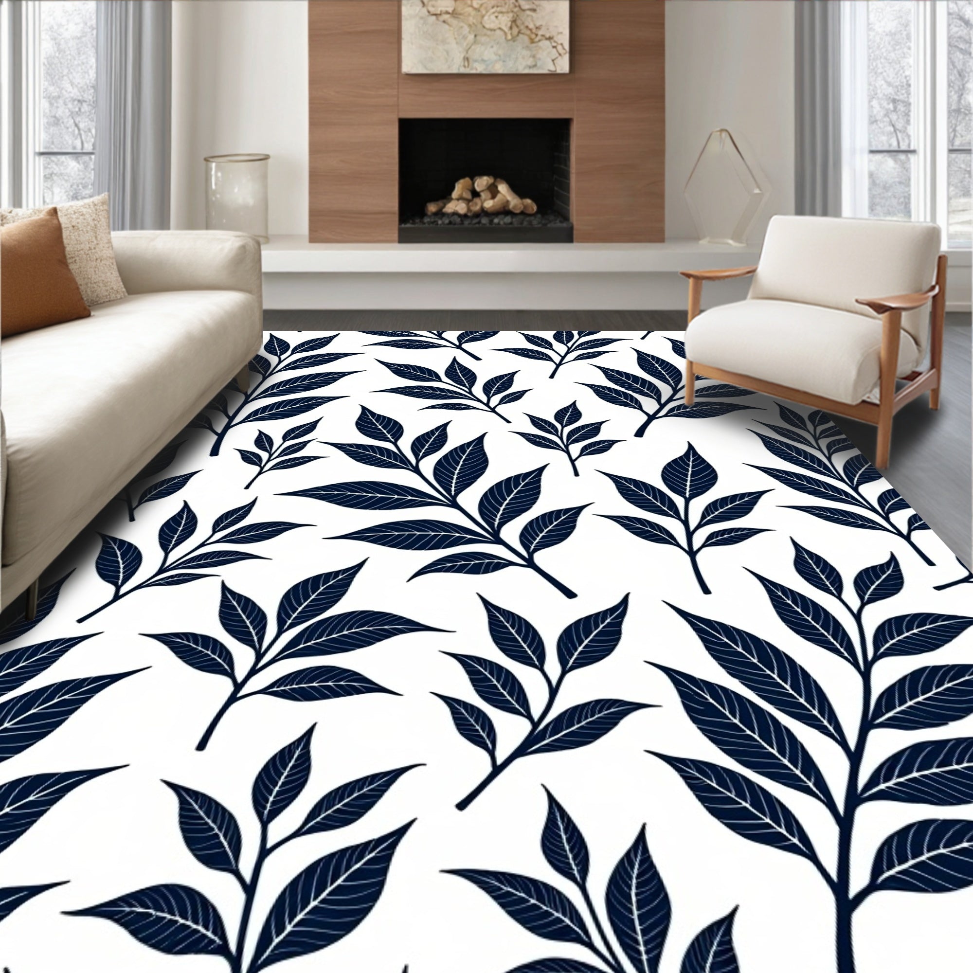 Dark Navy Leaf Branch Pattern Rug