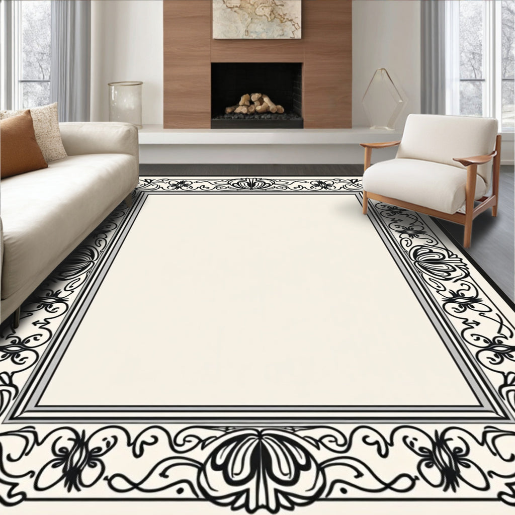 Ornate Black Floral Border Design Rug