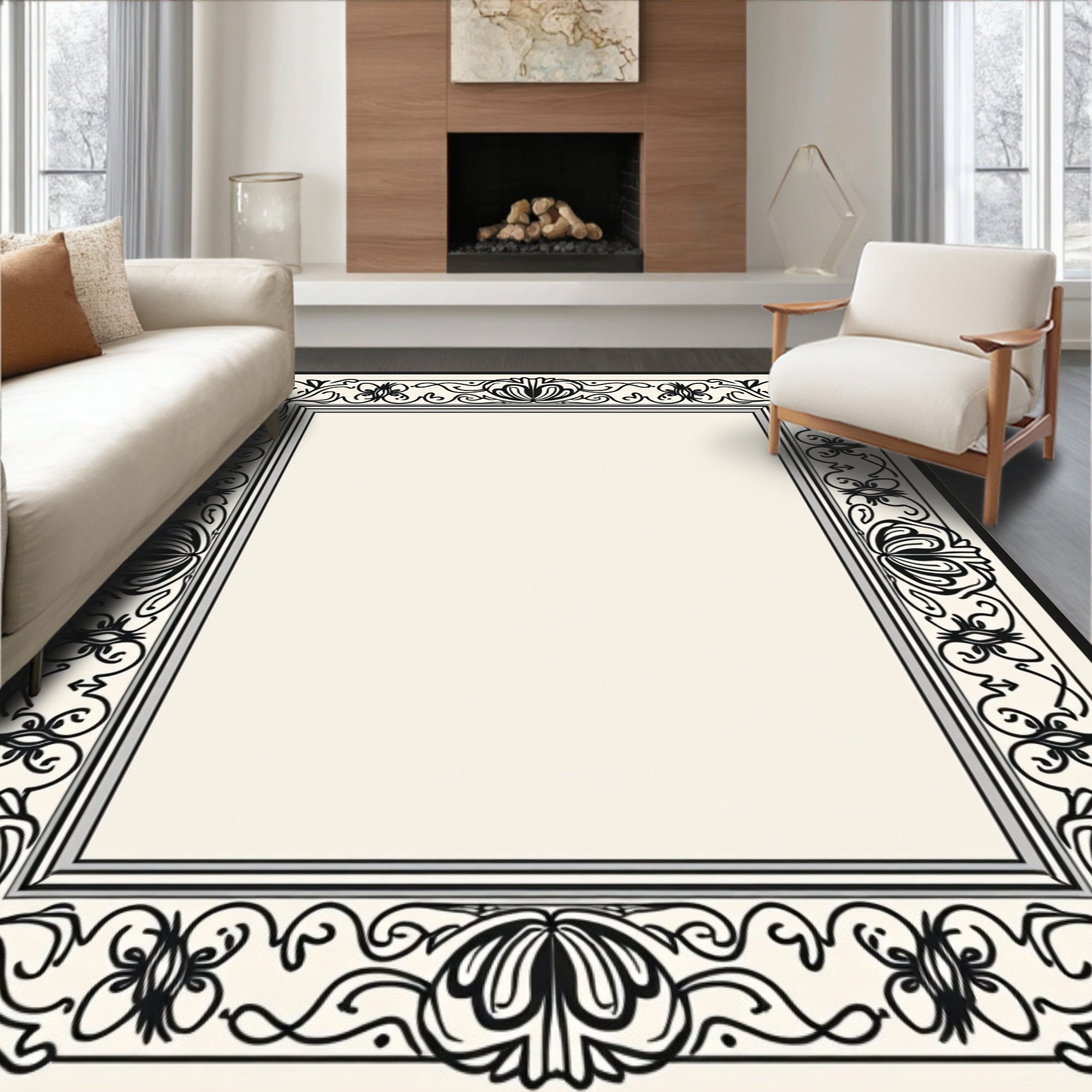 Ornate Black Floral Border Design Rug