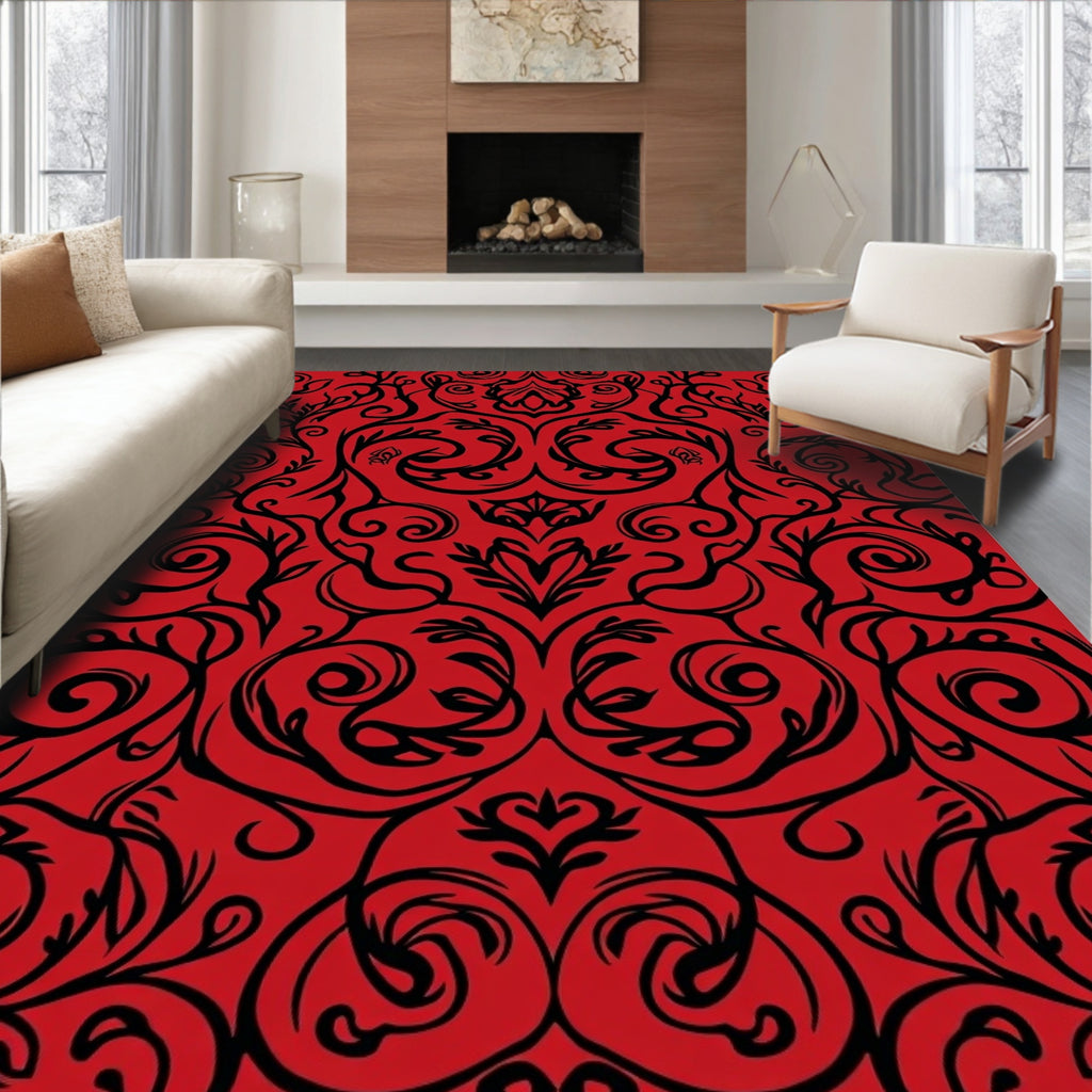 Classic Red Black Swirling Vine Pattern Rug