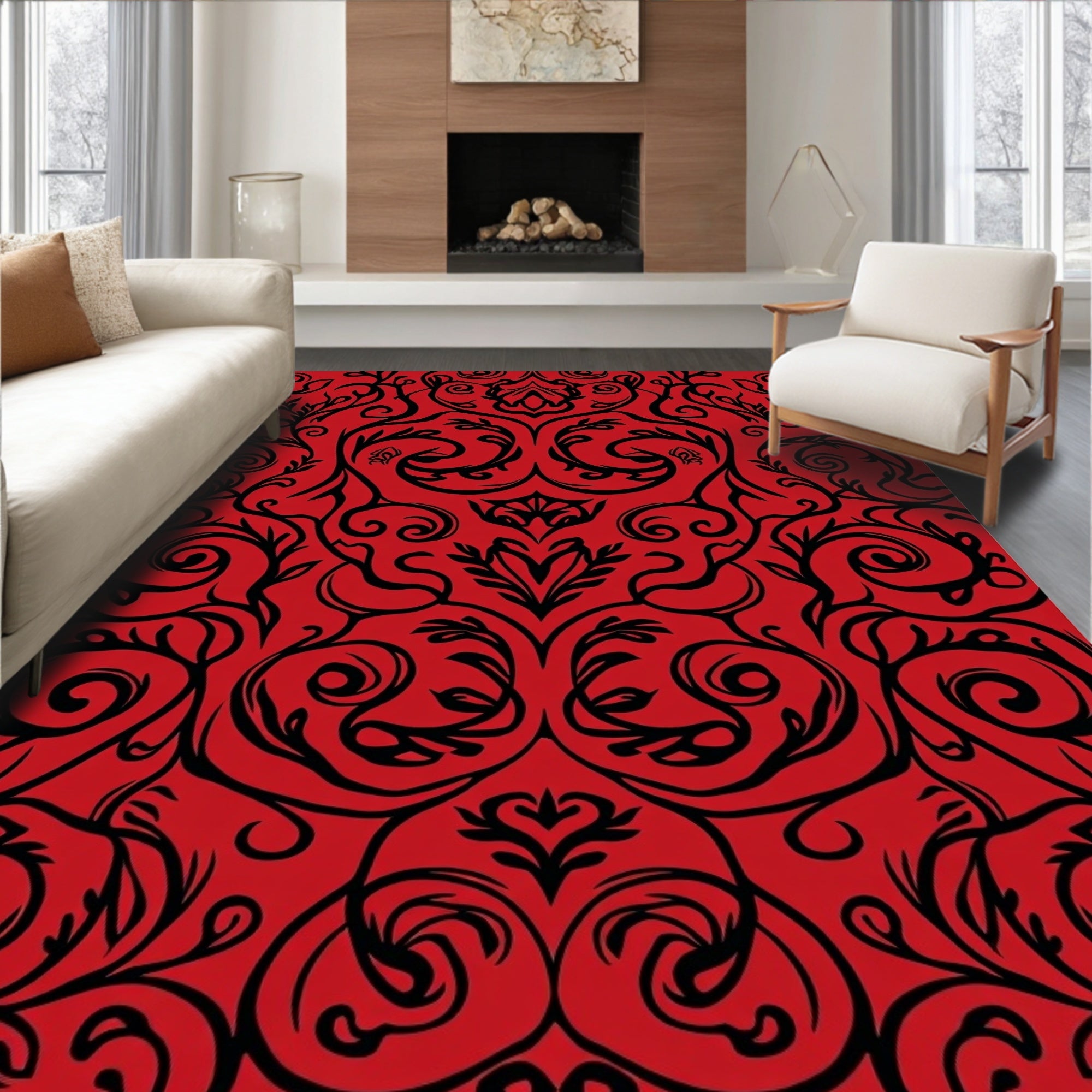 Classic Red Black Swirling Vine Pattern Rug
