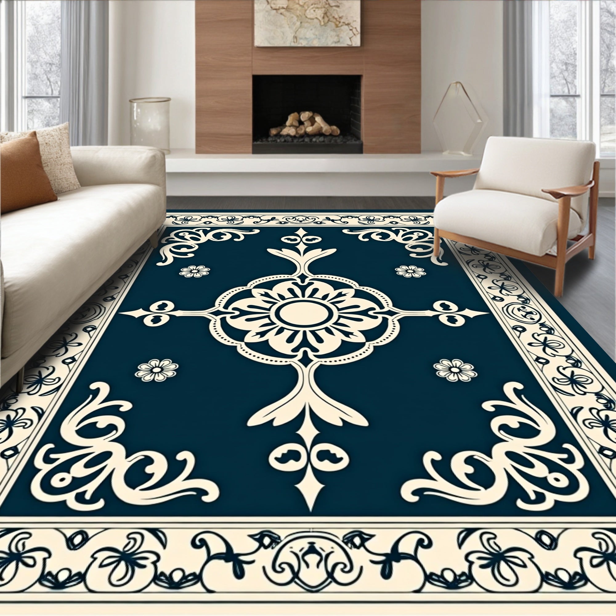 Ornate Floral Cream Teal Rug